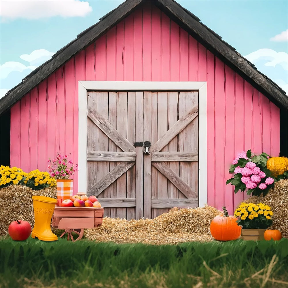 Pink Barn Backdrop Pumpkin Harvest Scene Backdrop UK LXX57-375