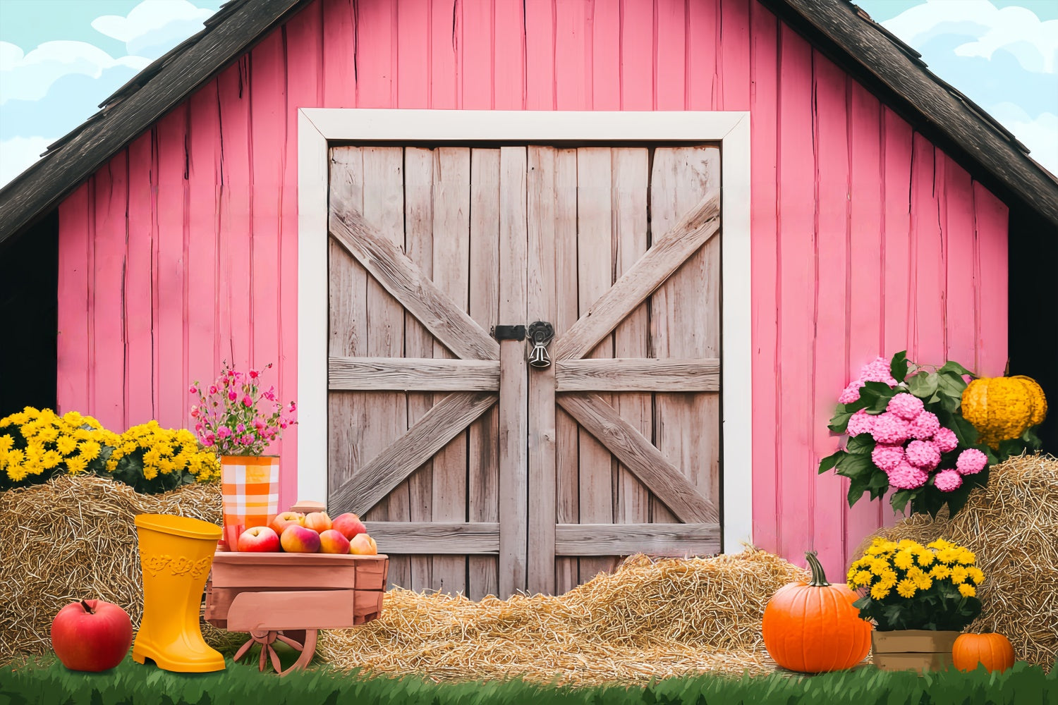 Pink Barn Backdrop Pumpkin Harvest Scene Backdrop UK LXX57-375