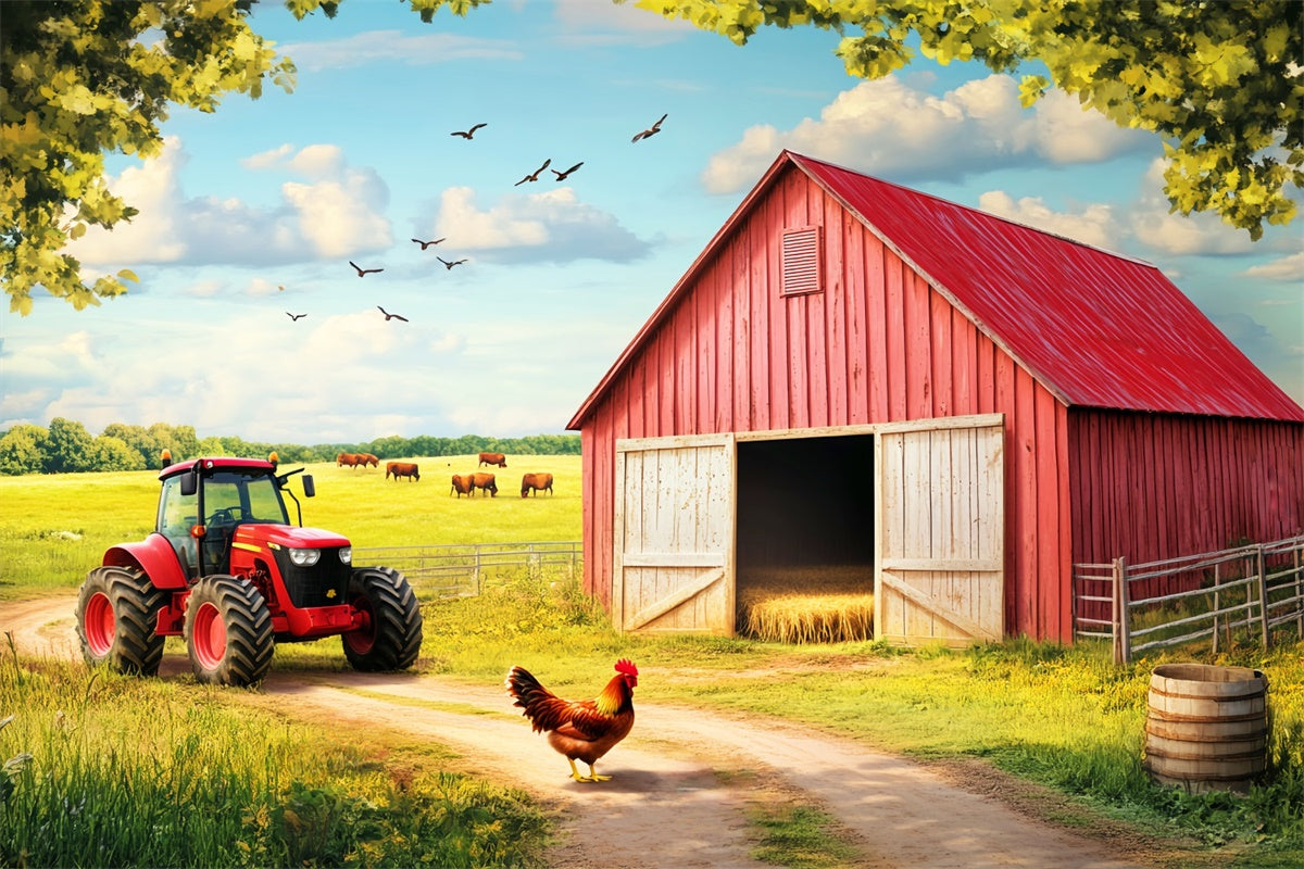 Red Barn Backdrop Cow Pasture Barn Scene Backdrop UK LXX57-383