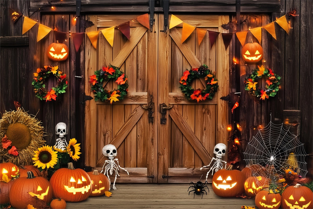 Barn Door Backdrops Skeleton Porch Halloween Backdrop UK LXX57-400