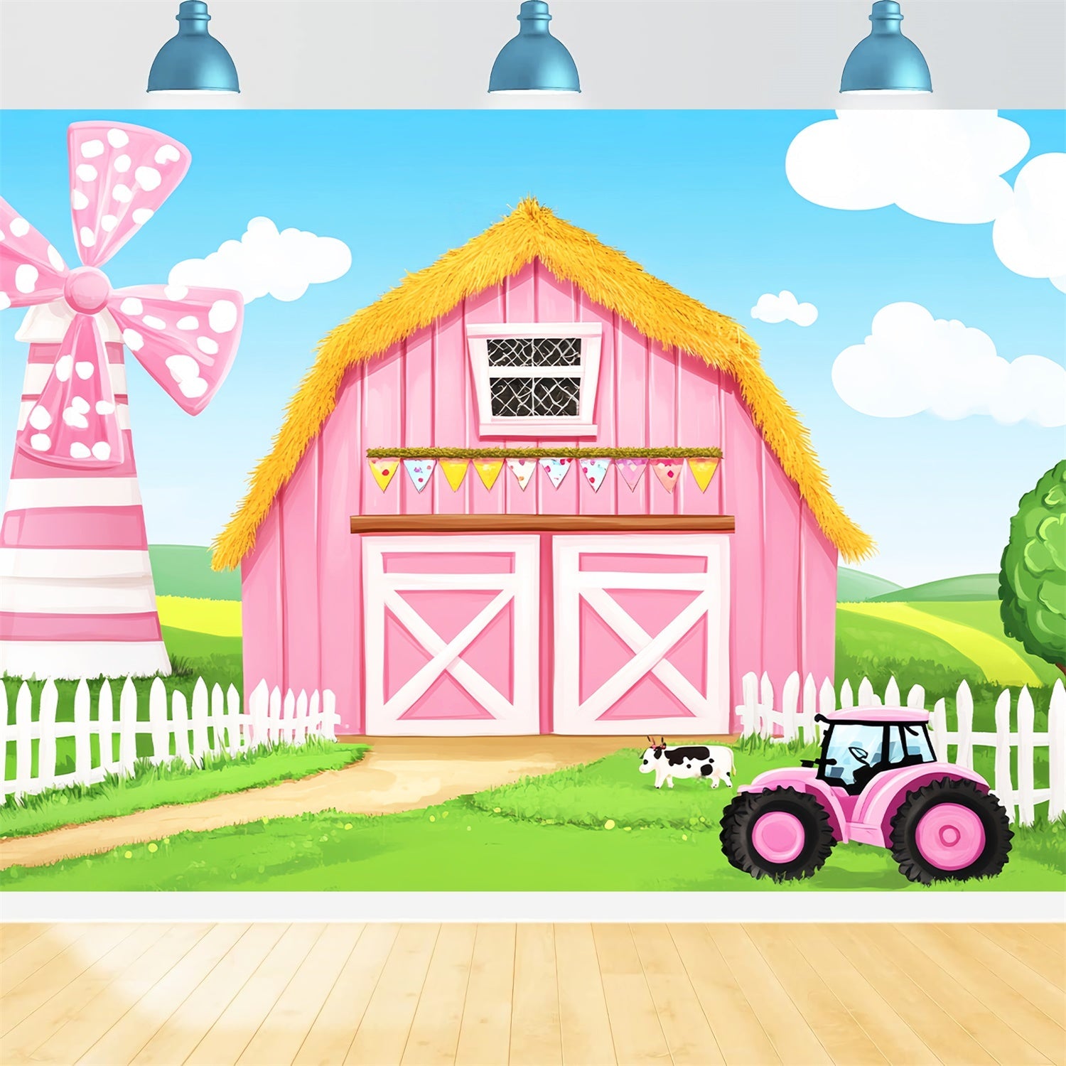 Pink Barn Backdrop Cartoon Farm Theme Backdrop UK LXX57-401