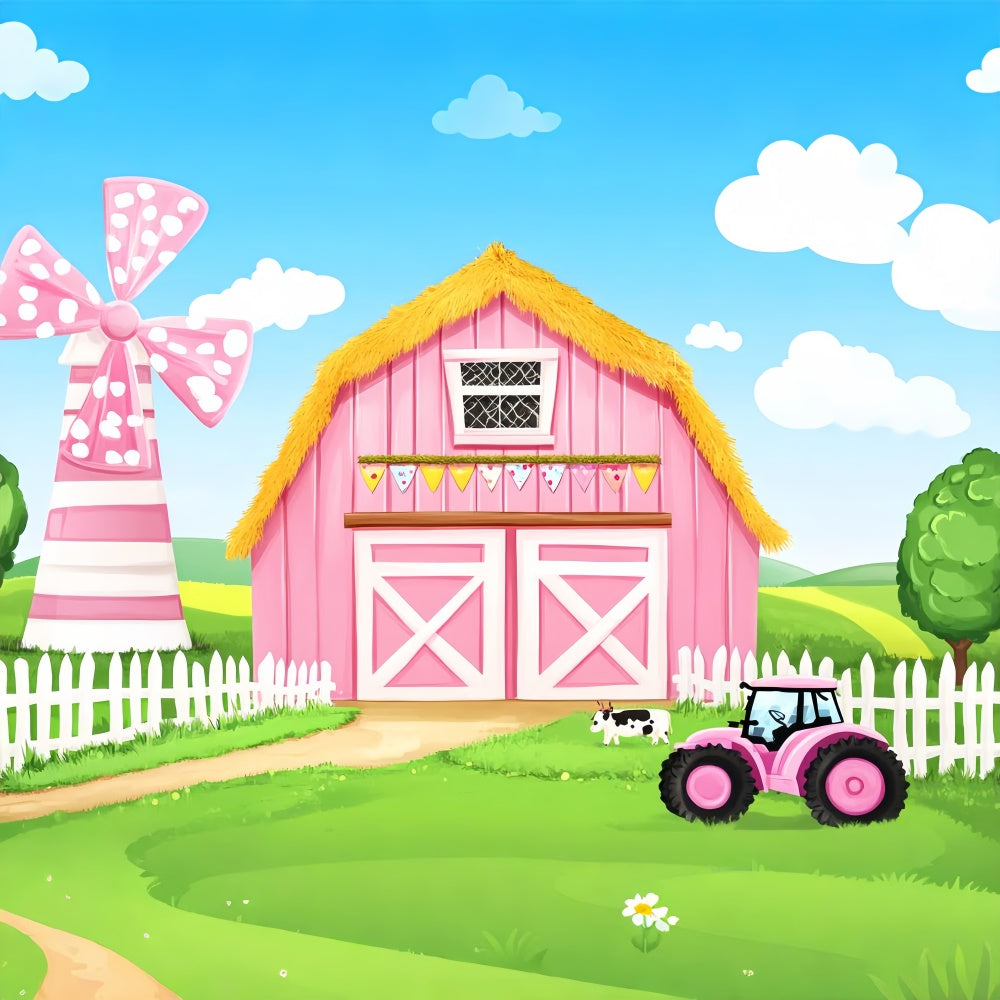 Pink Barn Backdrop Cartoon Farm Theme Backdrop UK LXX57-401