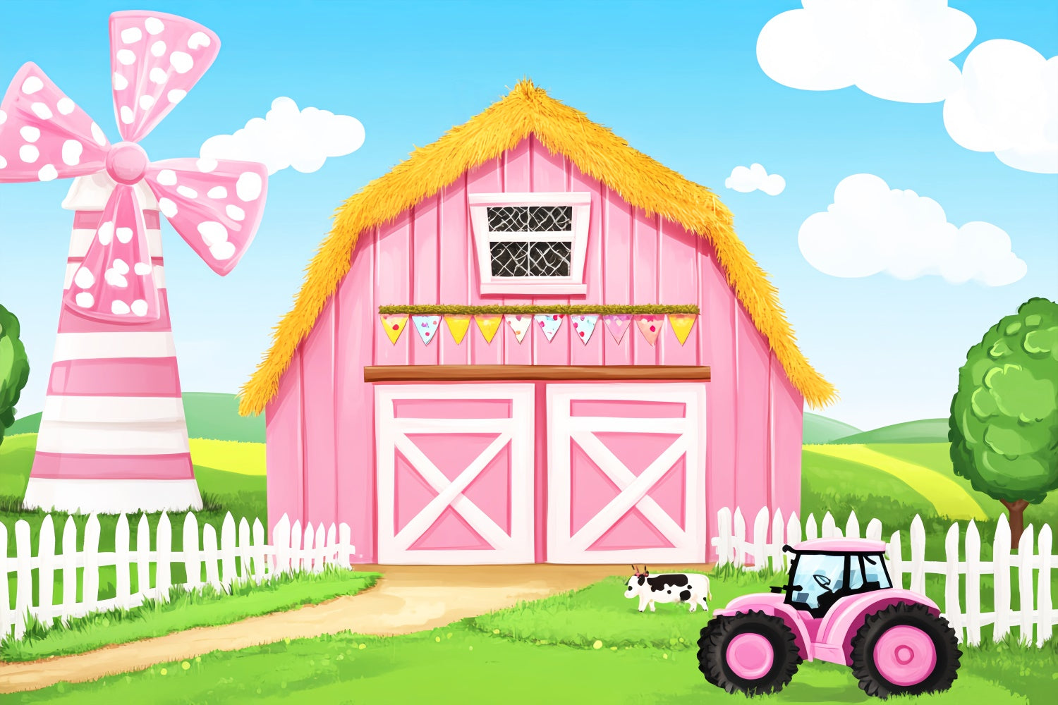 Pink Barn Backdrop Cartoon Farm Theme Backdrop UK LXX57-401