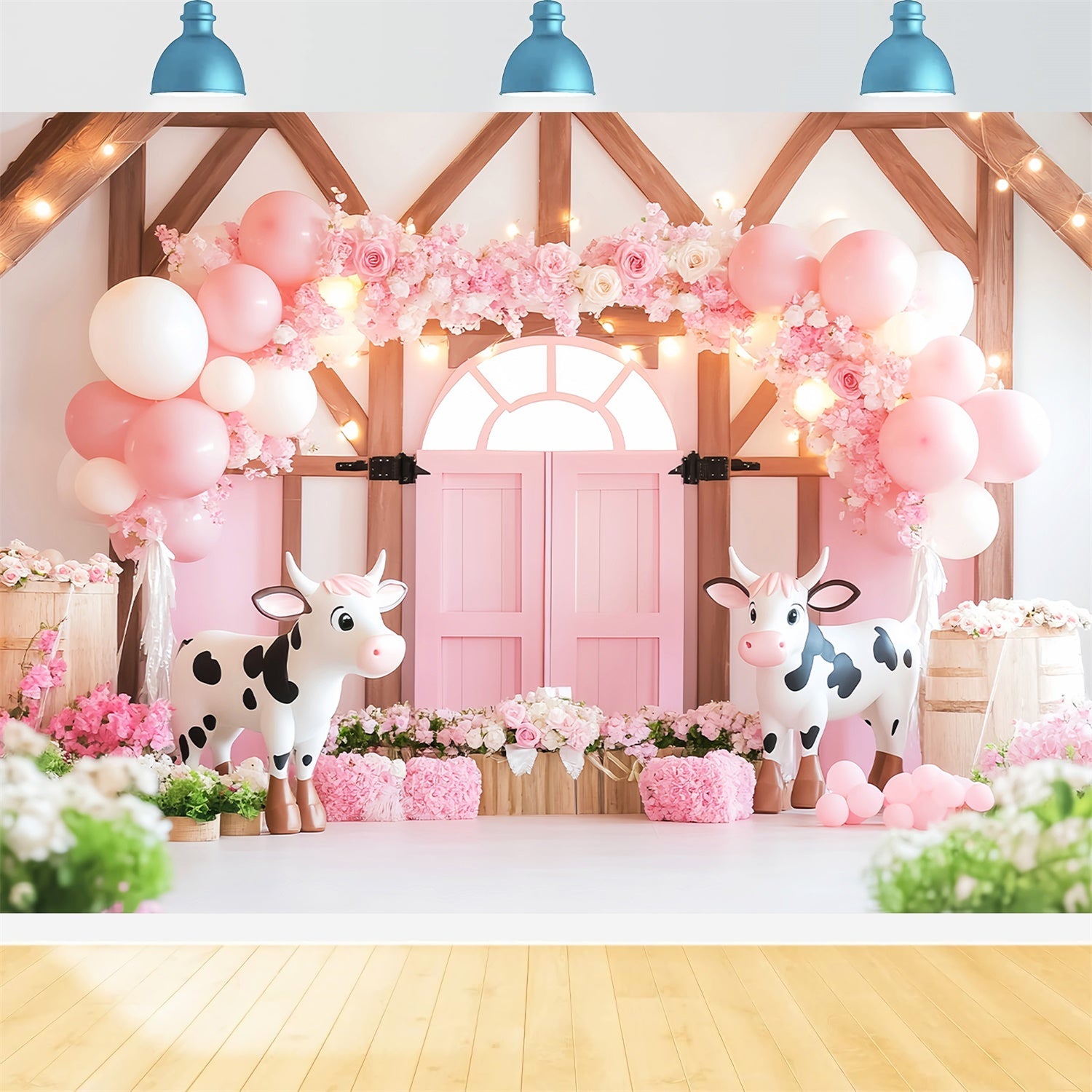 Pink Barn Backdrop Flower Balloon Joy Backdrop UK LXX57-404