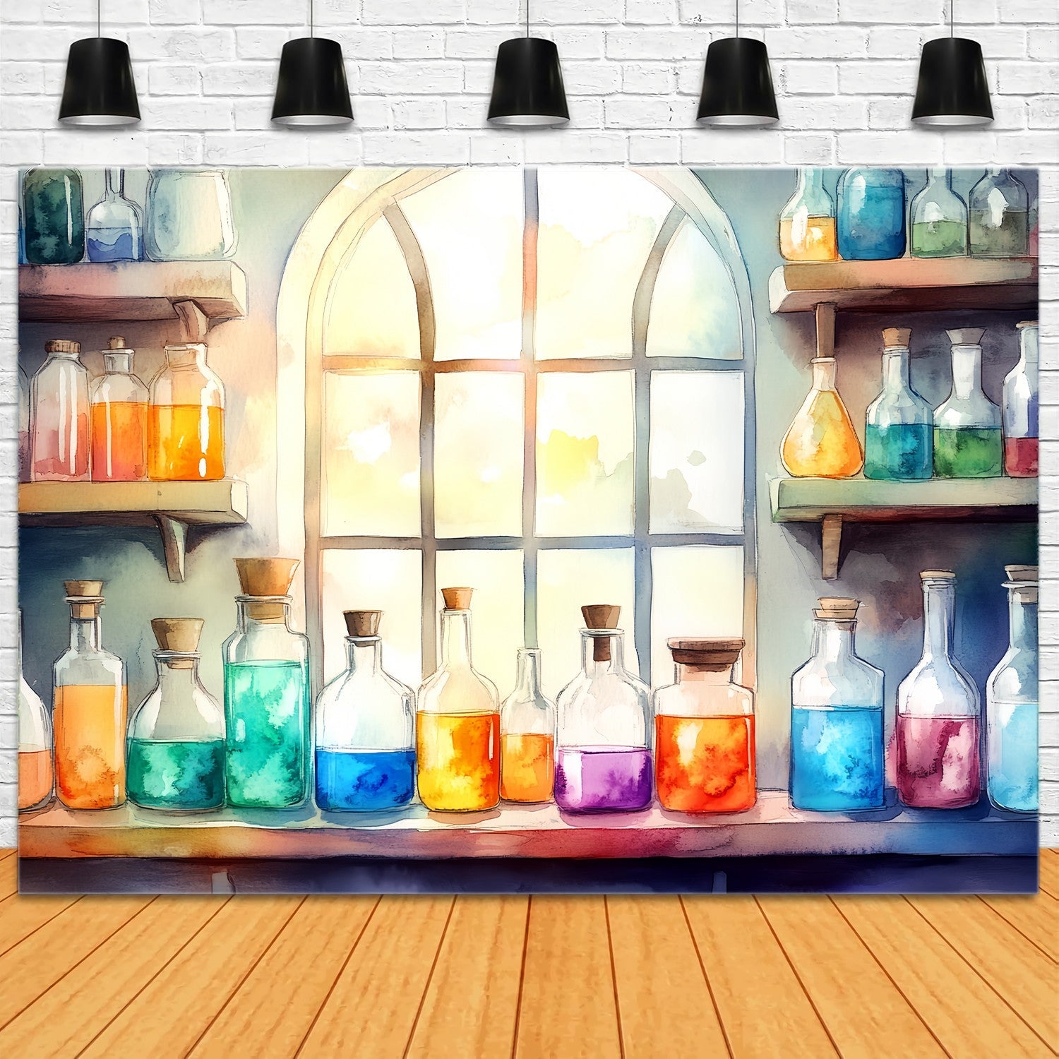 Chemistry Backdrop Sunlit Window Vibrant Potion Bottles Back To School Backdrops UK LXX58-105