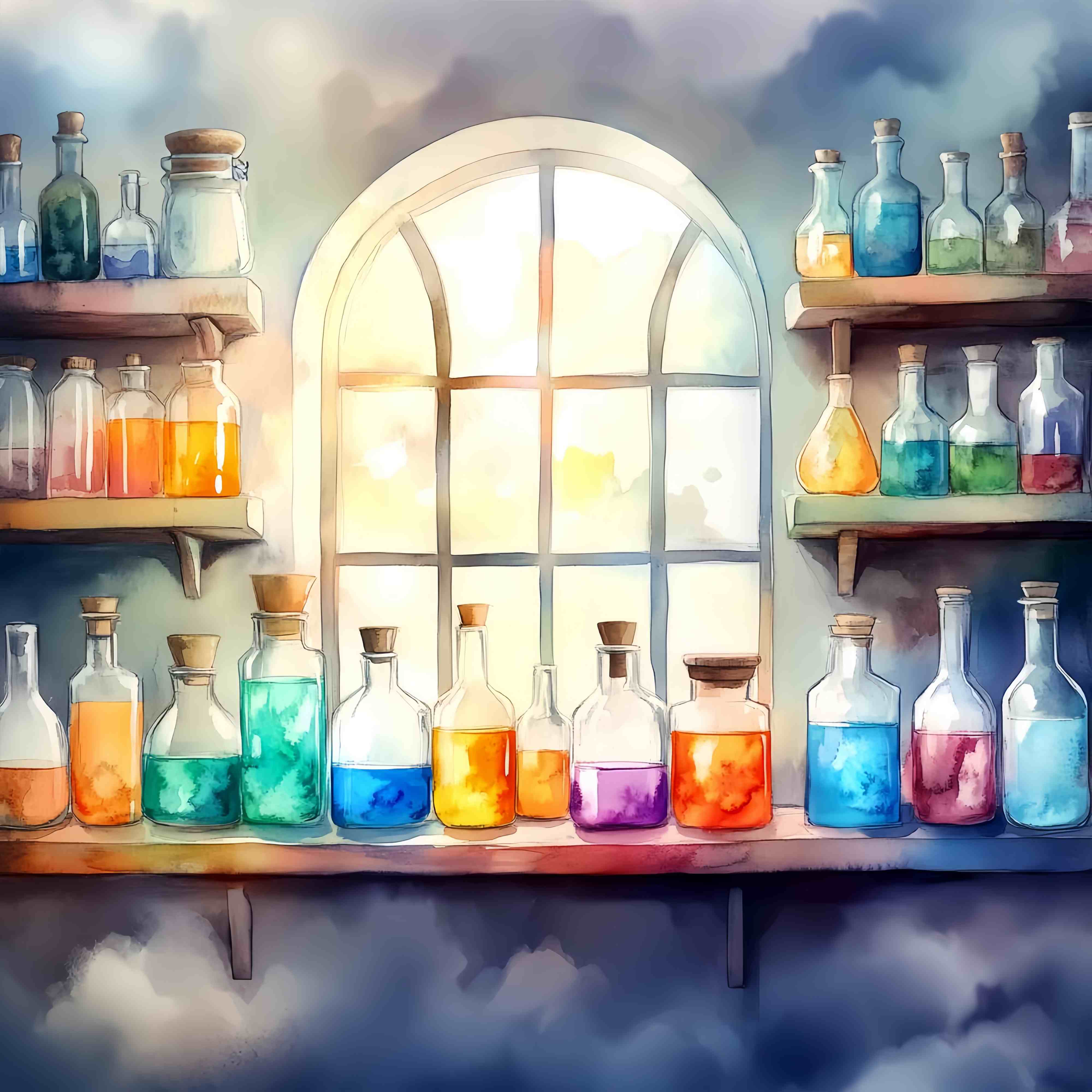 Chemistry Backdrop Sunlit Window Vibrant Potion Bottles Back To School Backdrops UK LXX58-105