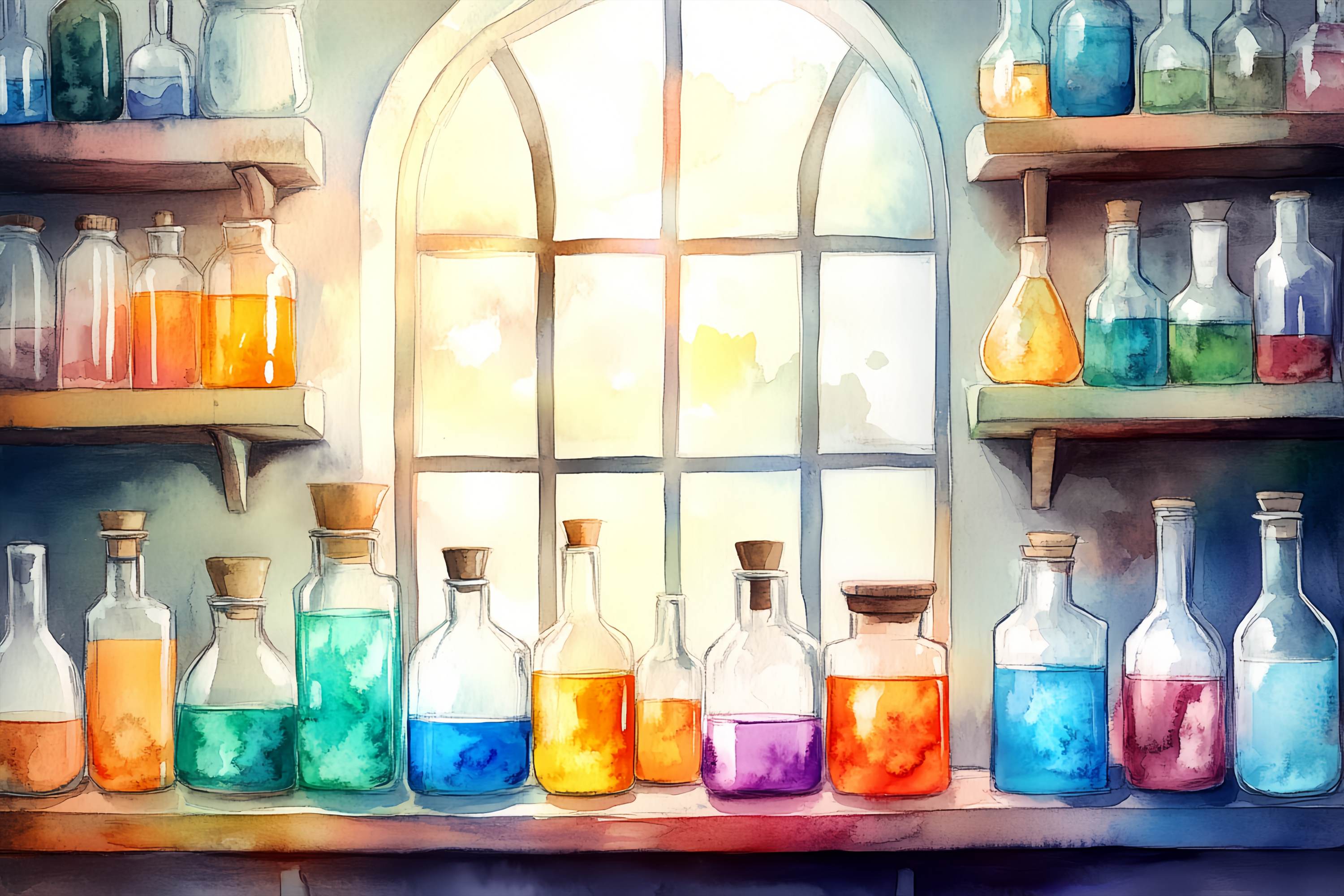 Chemistry Backdrop Sunlit Window Vibrant Potion Bottles Back To School Backdrops UK LXX58-105