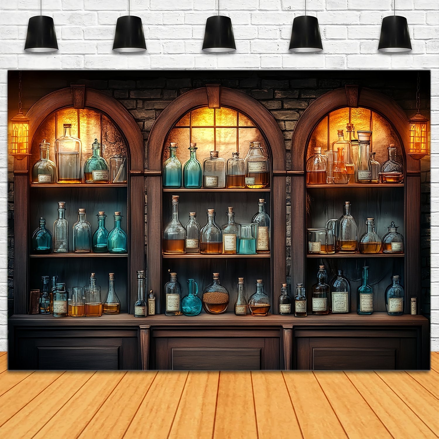 Chemistry Backdrop Vintage Wooden Cabinet Glass Bottles Back To School Backdrop UK LXX58-106