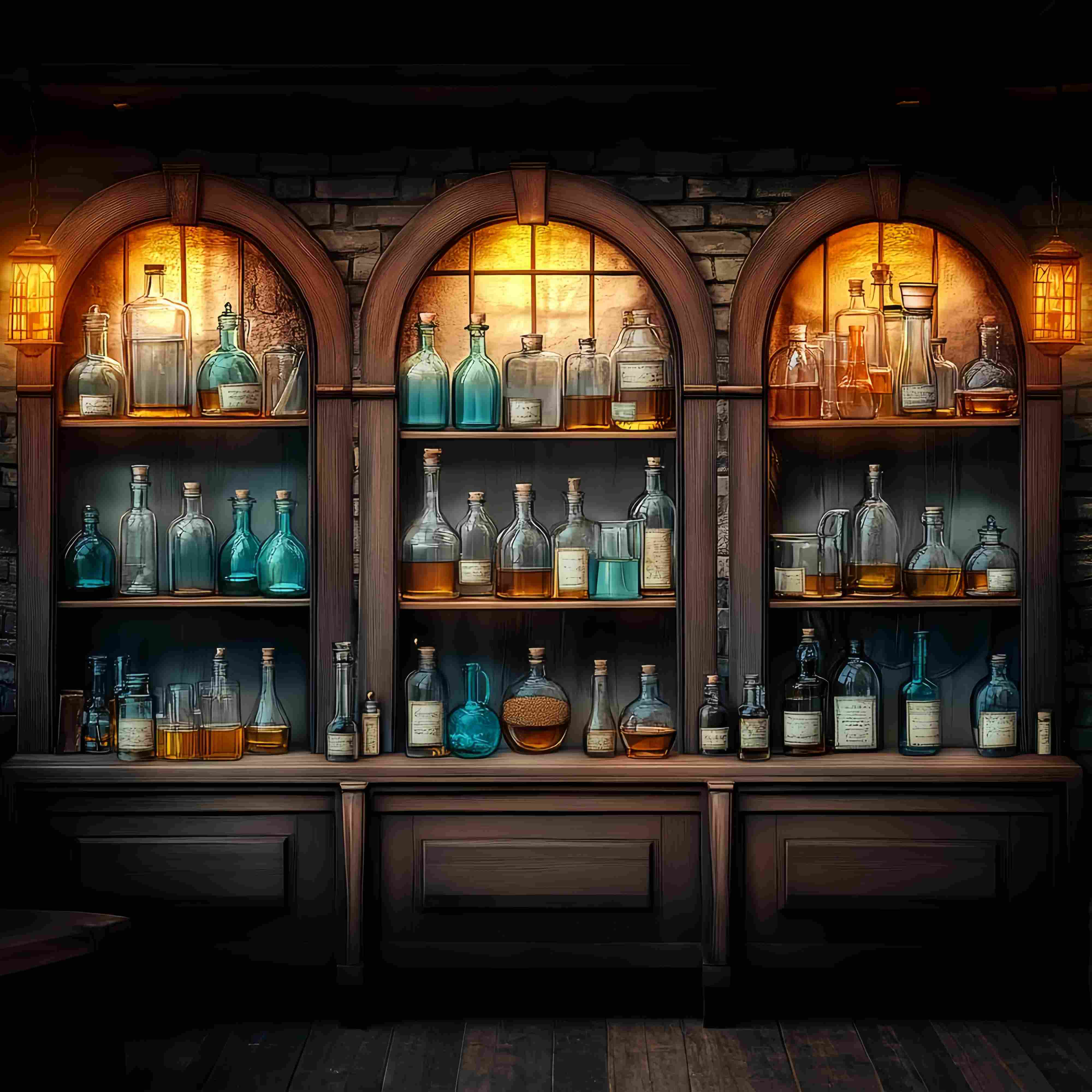 Chemistry Backdrop Vintage Wooden Cabinet Glass Bottles Back To School Backdrop UK LXX58-106