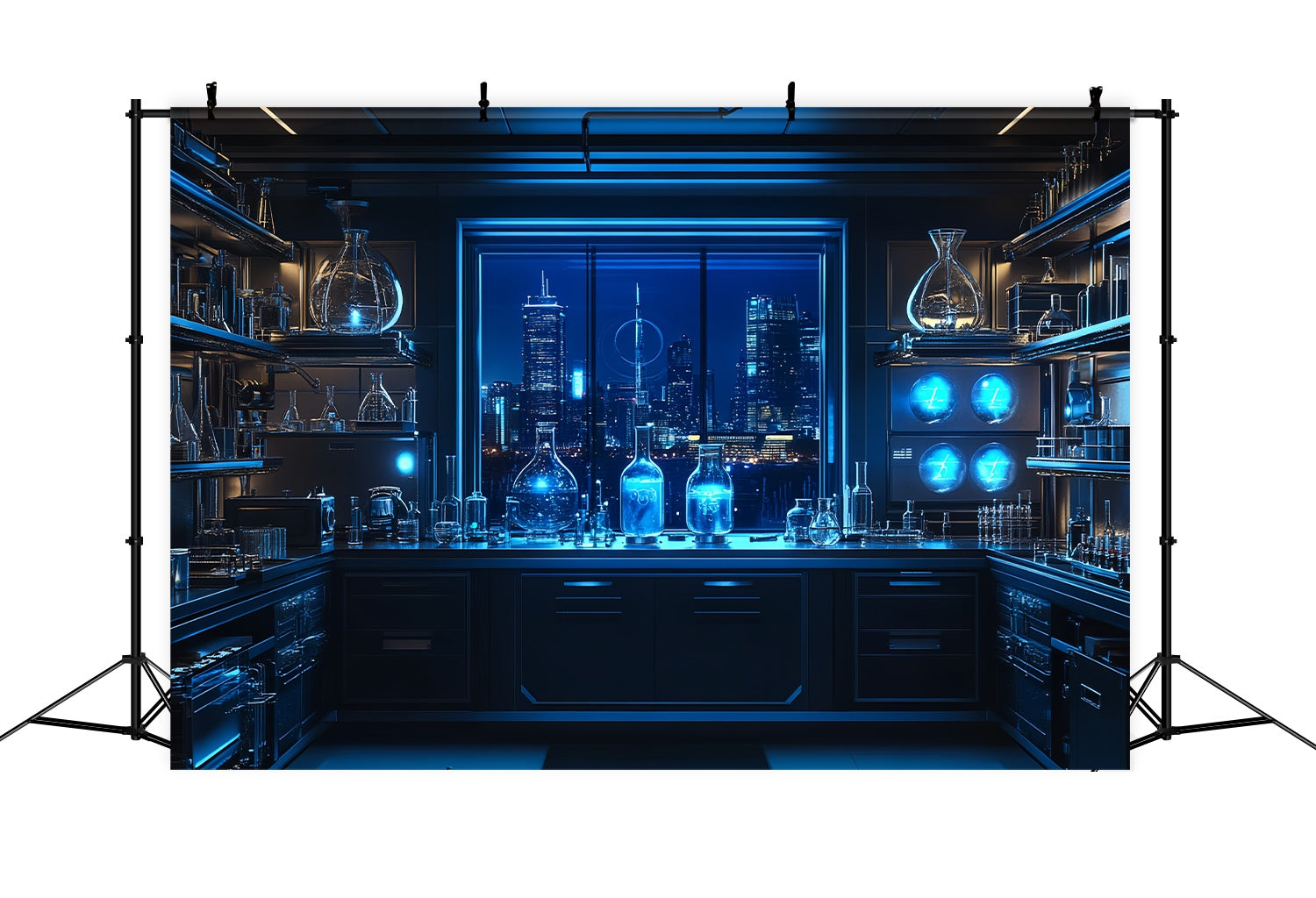 Chemistry Backdrop Futuristic Laboratory Skyline Night View School Picture Backdrop UK LXX58-108