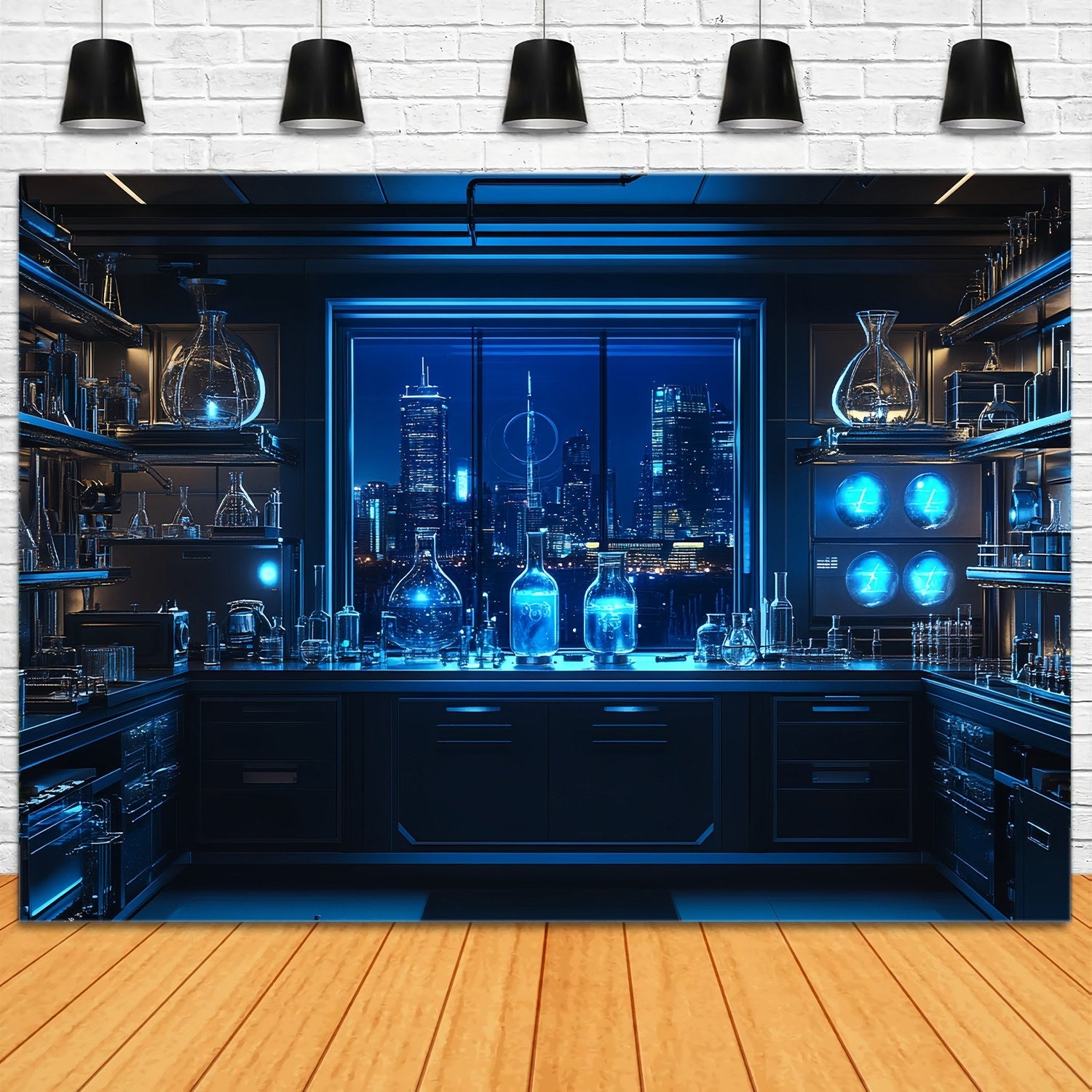 Chemistry Backdrop Futuristic Laboratory Skyline Night View School Picture Backdrop UK LXX58-108