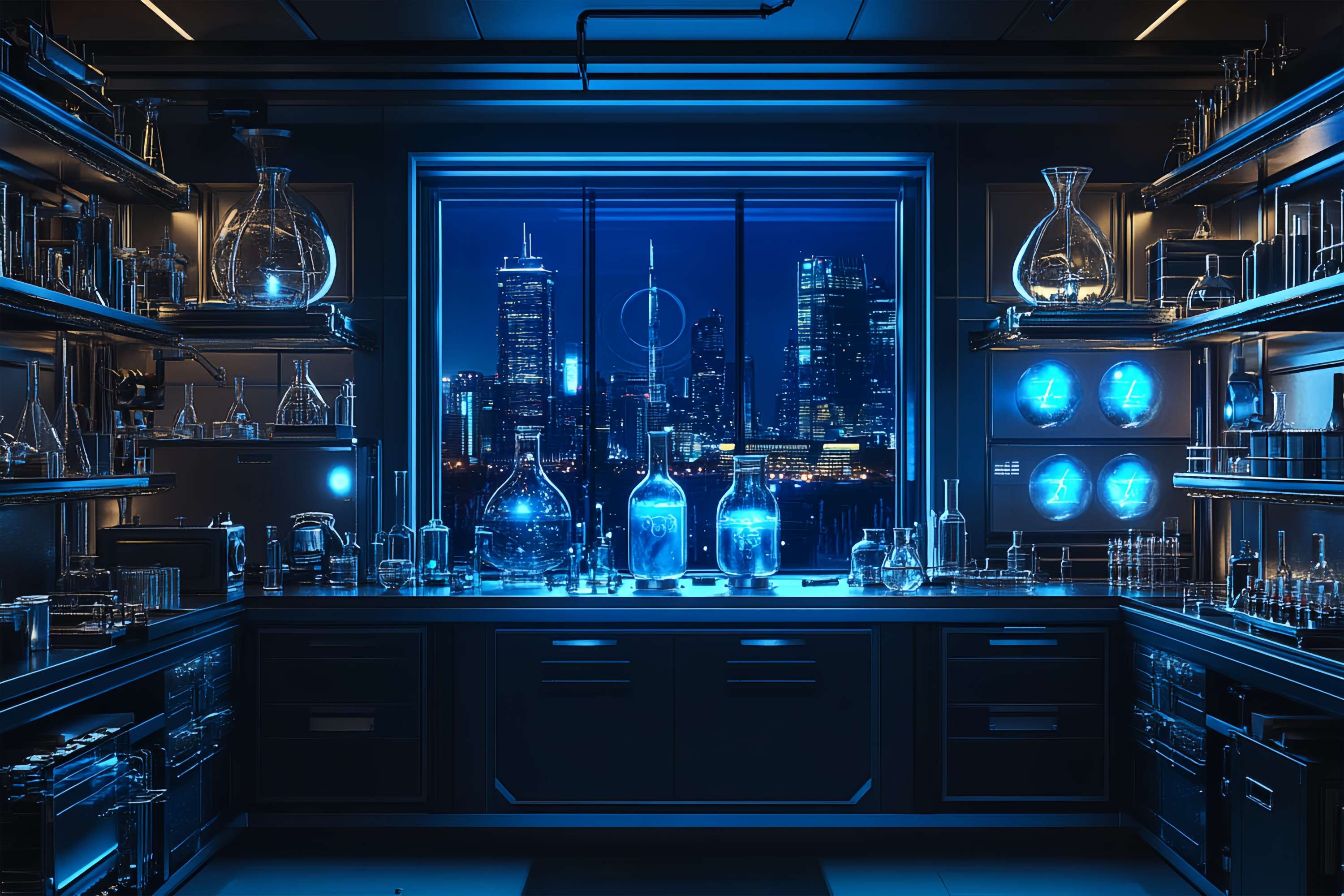 Chemistry Backdrop Futuristic Laboratory Skyline Night View School Picture Backdrop UK LXX58-108