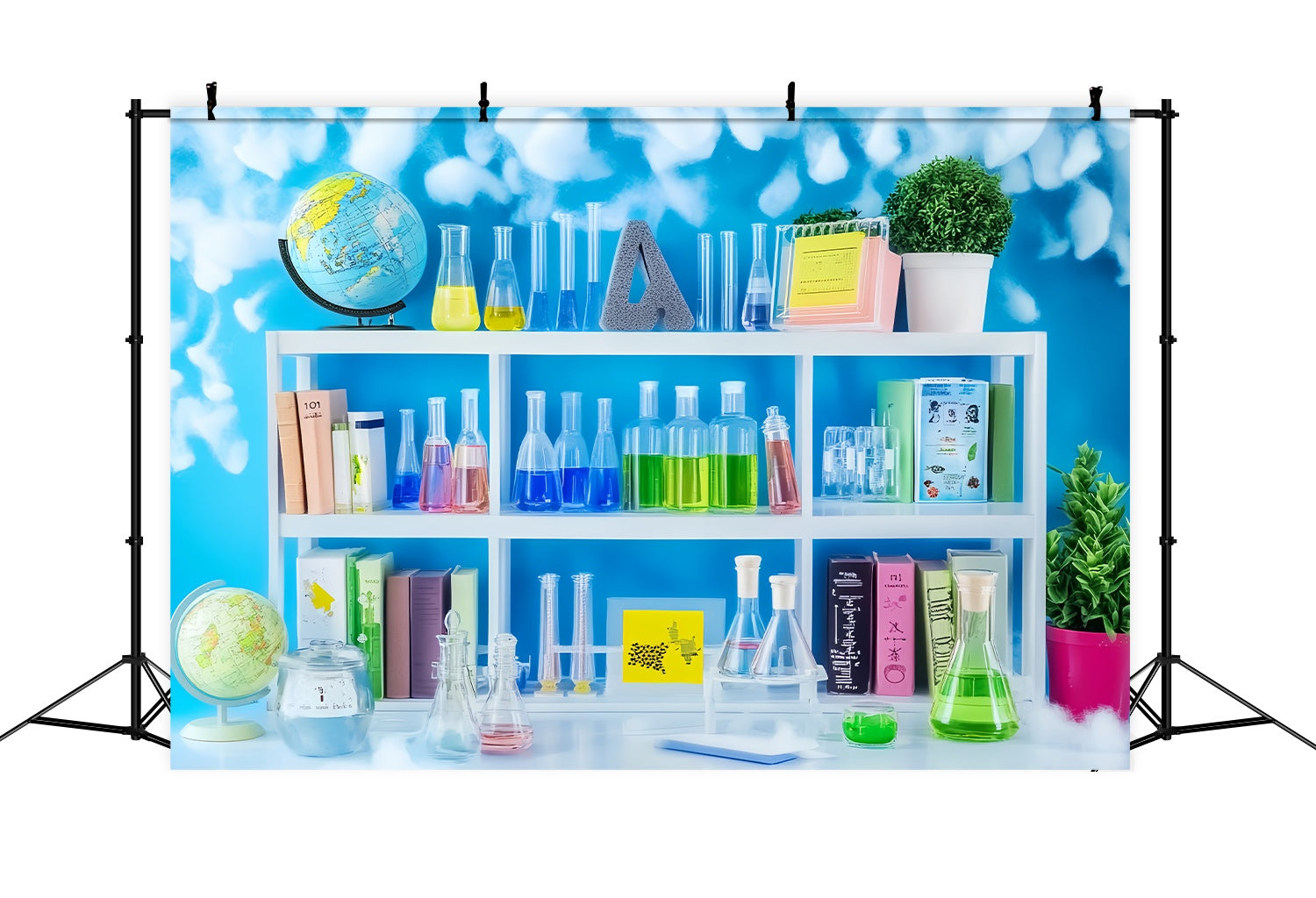 Chemistry Backdrop Colorful Chemistry Shelf Books Plants Back To School Photo Backdrop UK LXX58-109