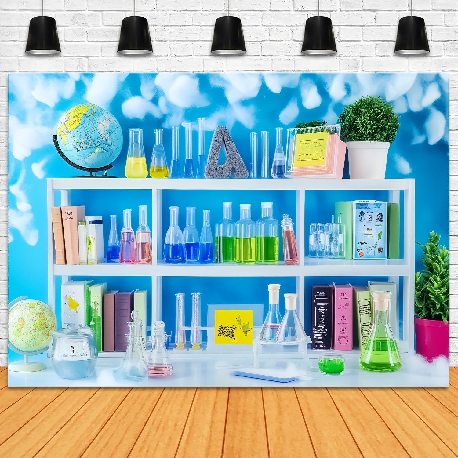 Chemistry Backdrop Colorful Chemistry Shelf Books Plants Back To School Photo Backdrop UK LXX58-109