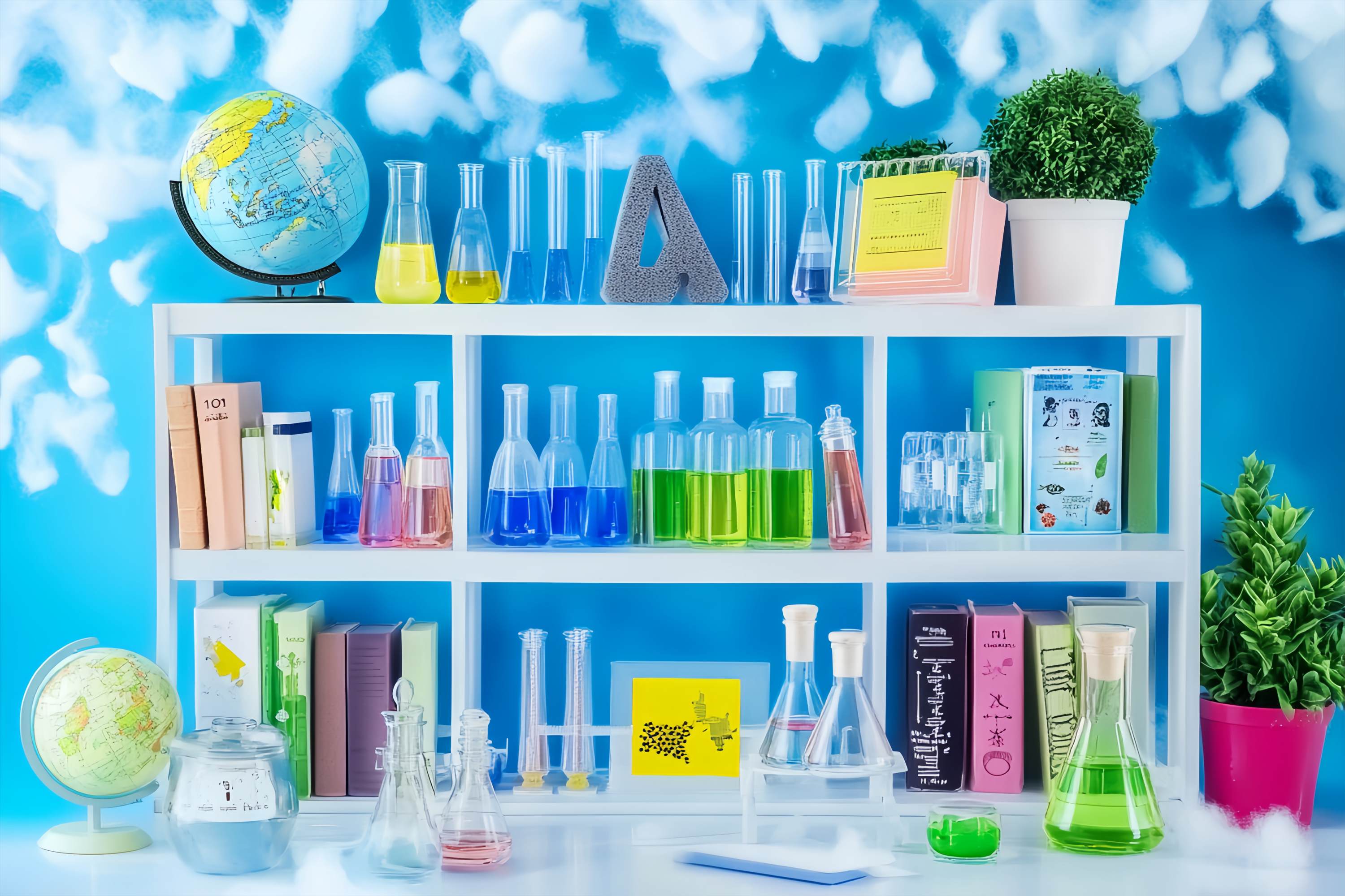 Chemistry Backdrop Colorful Chemistry Shelf Books Plants Back To School Photo Backdrop UK LXX58-109