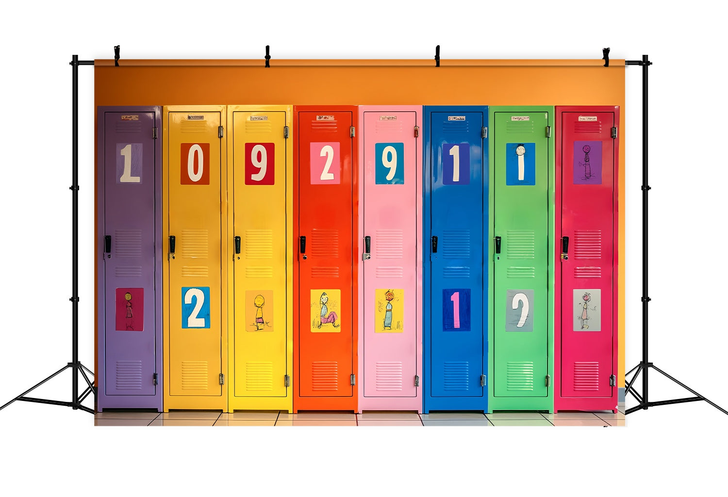 School Locker Backdrop Numbered Colorful Lockers Illustration Back To School Backdrop UK LXX58-111