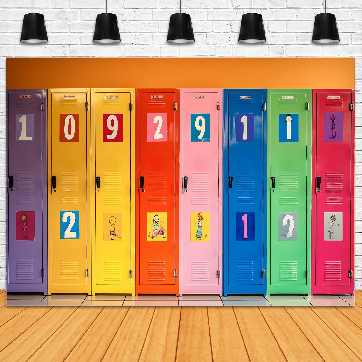 School Locker Backdrop Numbered Colorful Lockers Illustration Back To School Backdrop UK LXX58-111