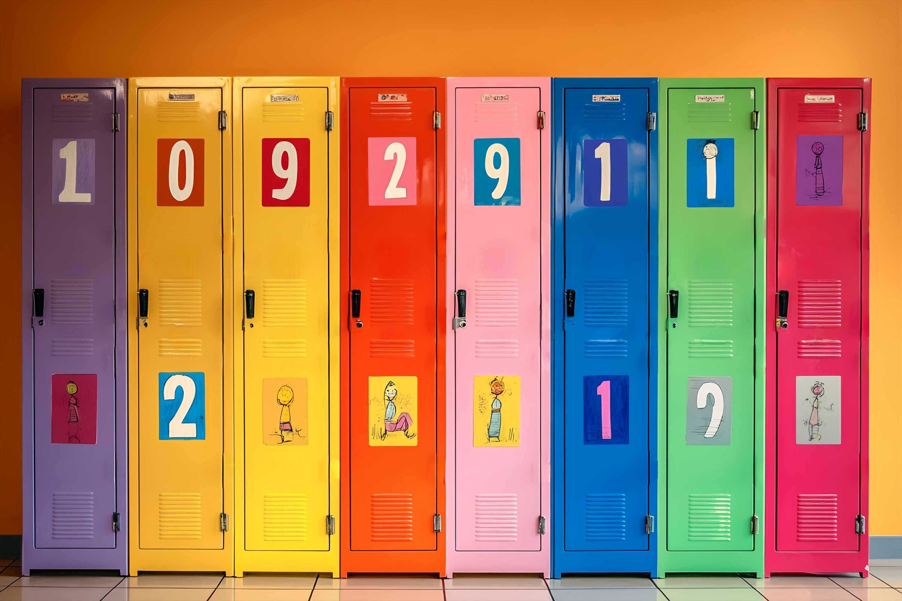 School Locker Backdrop Numbered Colorful Lockers Illustration Back To School Backdrop UK LXX58-111
