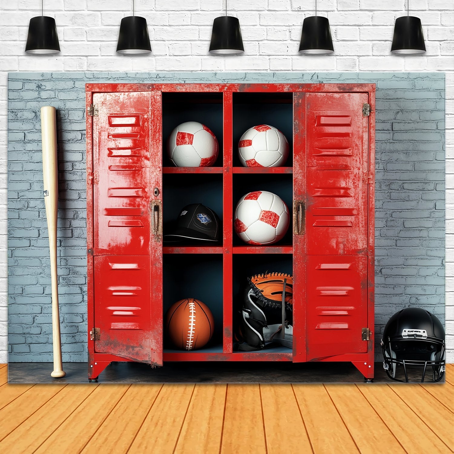 School Locker Backdrop Red Locker Filled Sports Equipment School Picture Backdrop UK LXX58-113