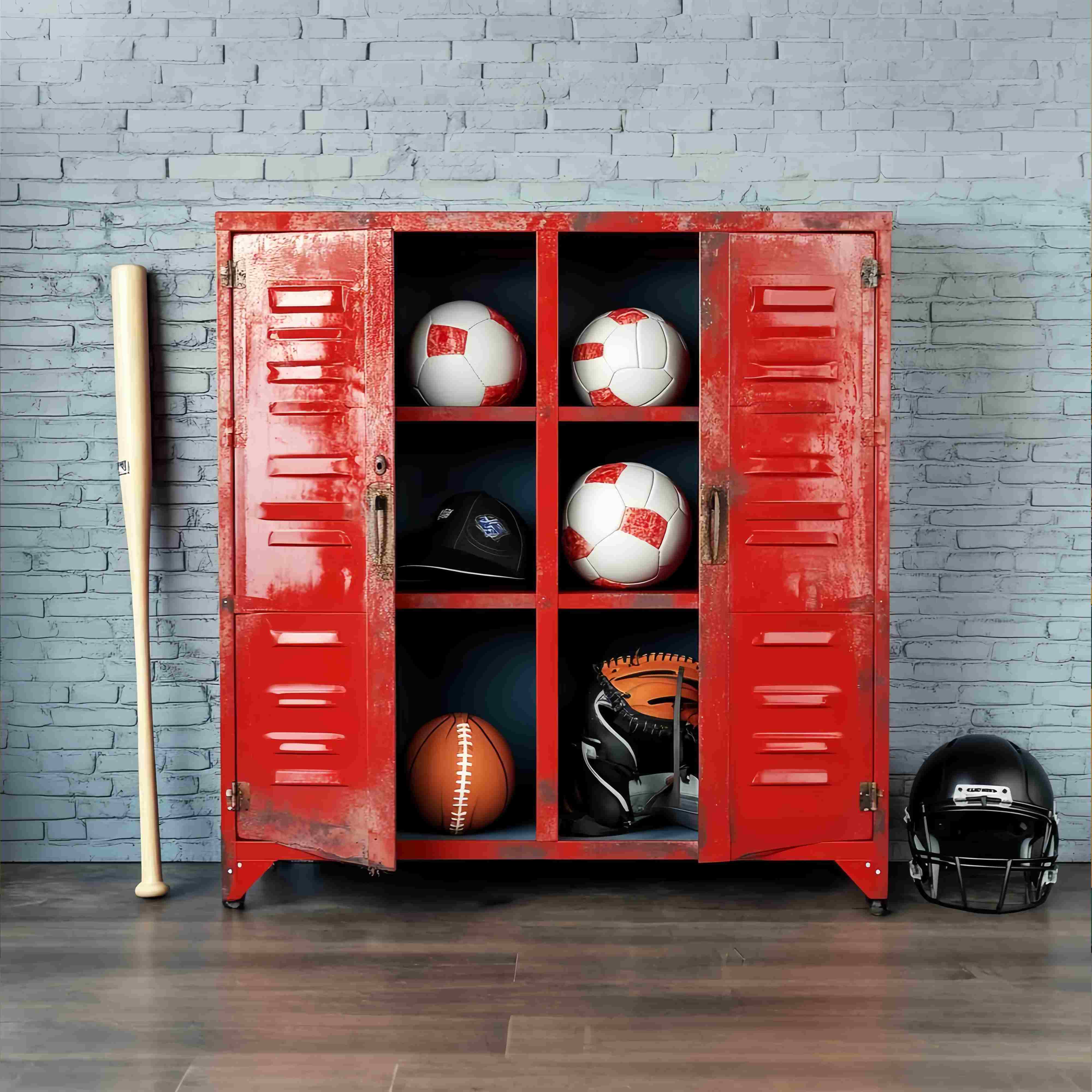 School Locker Backdrop Red Locker Filled Sports Equipment School Picture Backdrop UK LXX58-113