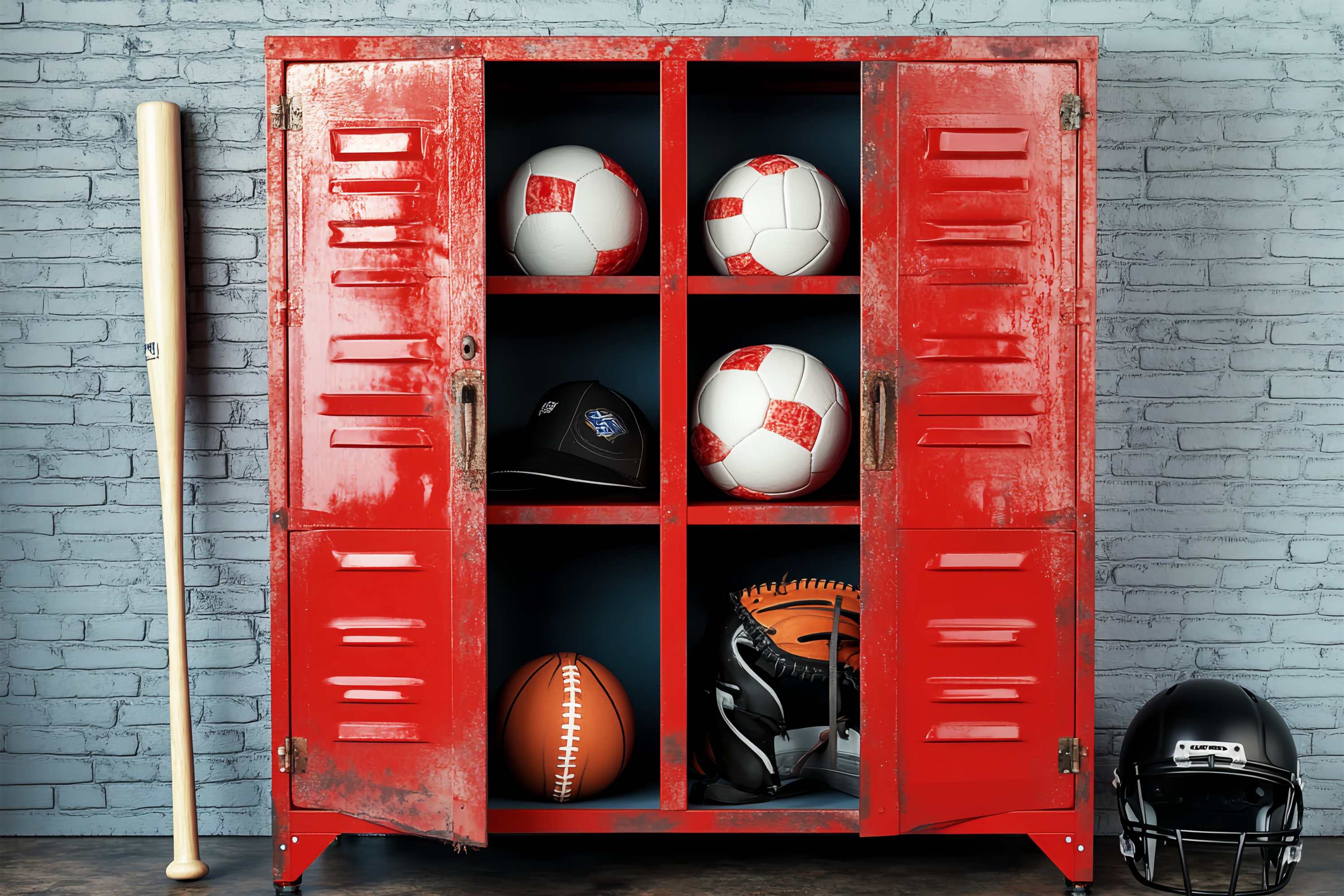 School Locker Backdrop Red Locker Filled Sports Equipment School Picture Backdrop UK LXX58-113