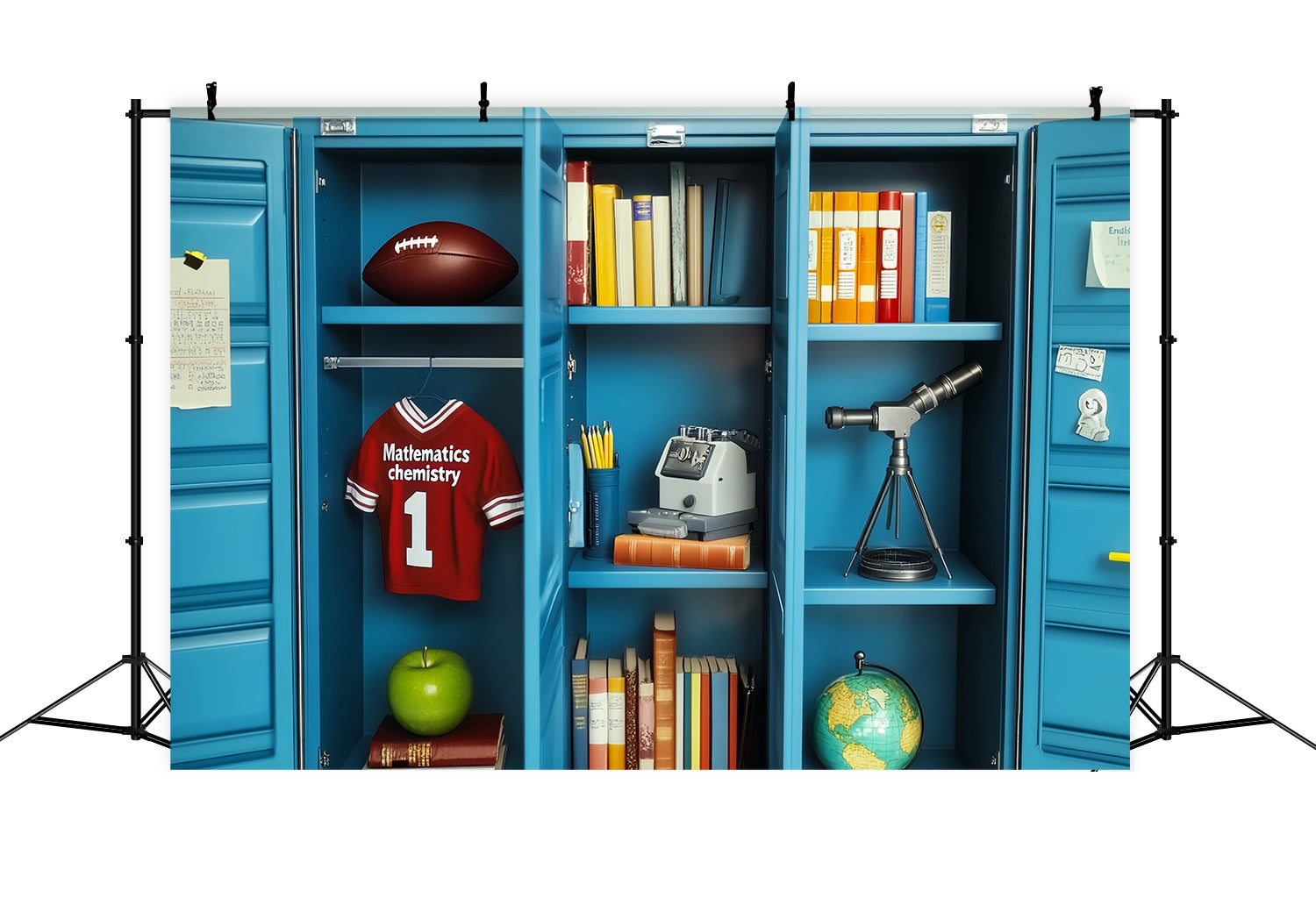 School Locker Backdrop Blue Locker Filled School Supplies Back To School Photography Backdrops UK LXX58-114