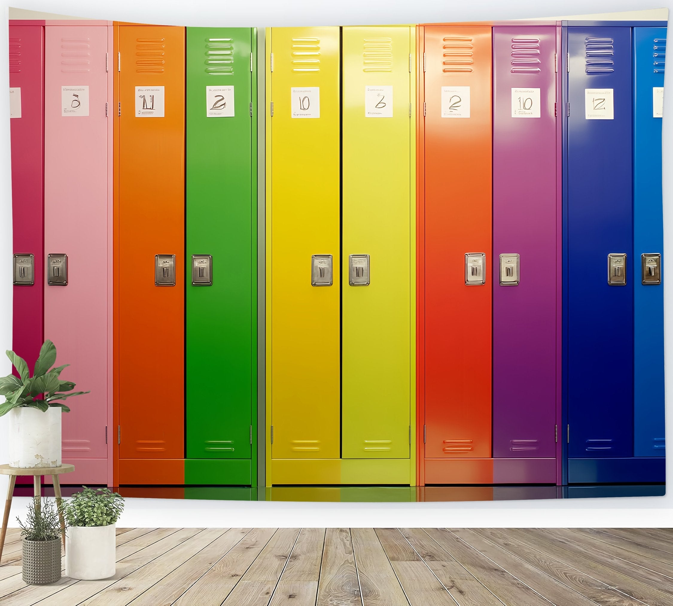 School Locker Backdrop Rainbow Numbered Locker Row Back To School Backdrop UK LXX58-115