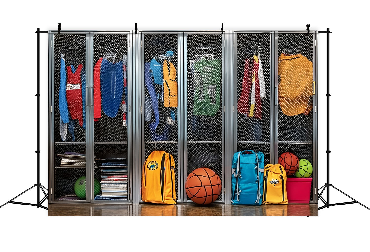 School Locker Backdrop Colorful Sports Lockers Backpacks Back To School Photo Backdrop UK LXX58-119