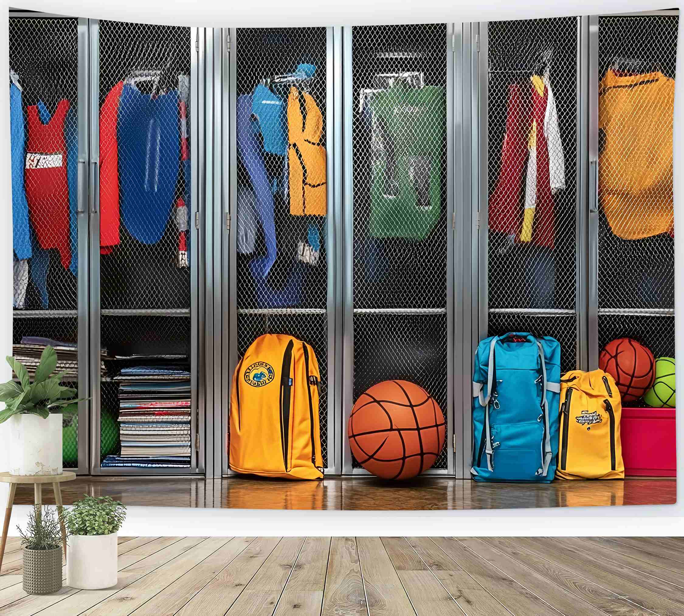 School Locker Backdrop Colorful Sports Lockers Backpacks Back To School Photo Backdrop UK LXX58-119
