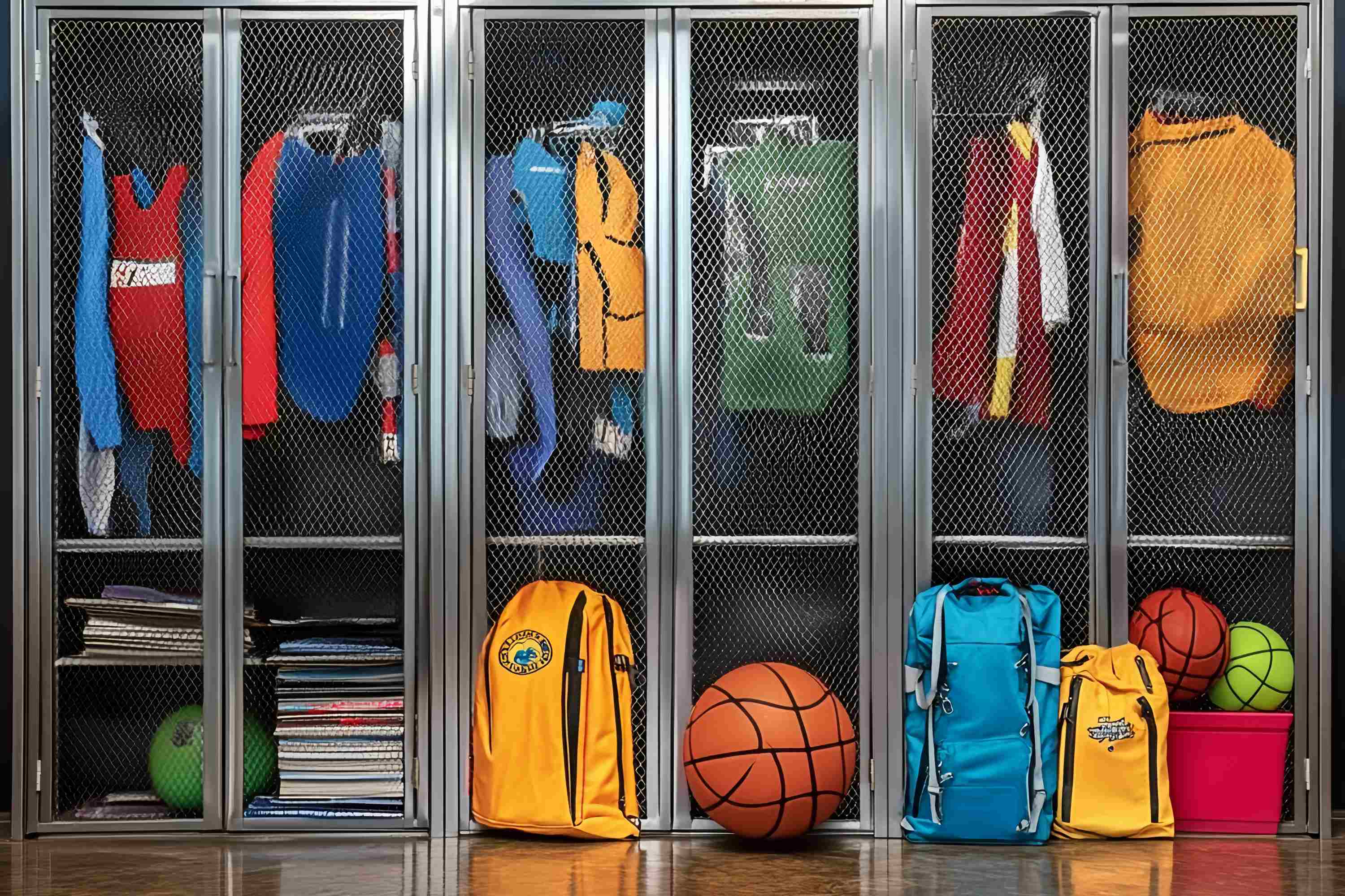 School Locker Backdrop Colorful Sports Lockers Backpacks Back To School Photo Backdrop UK LXX58-119