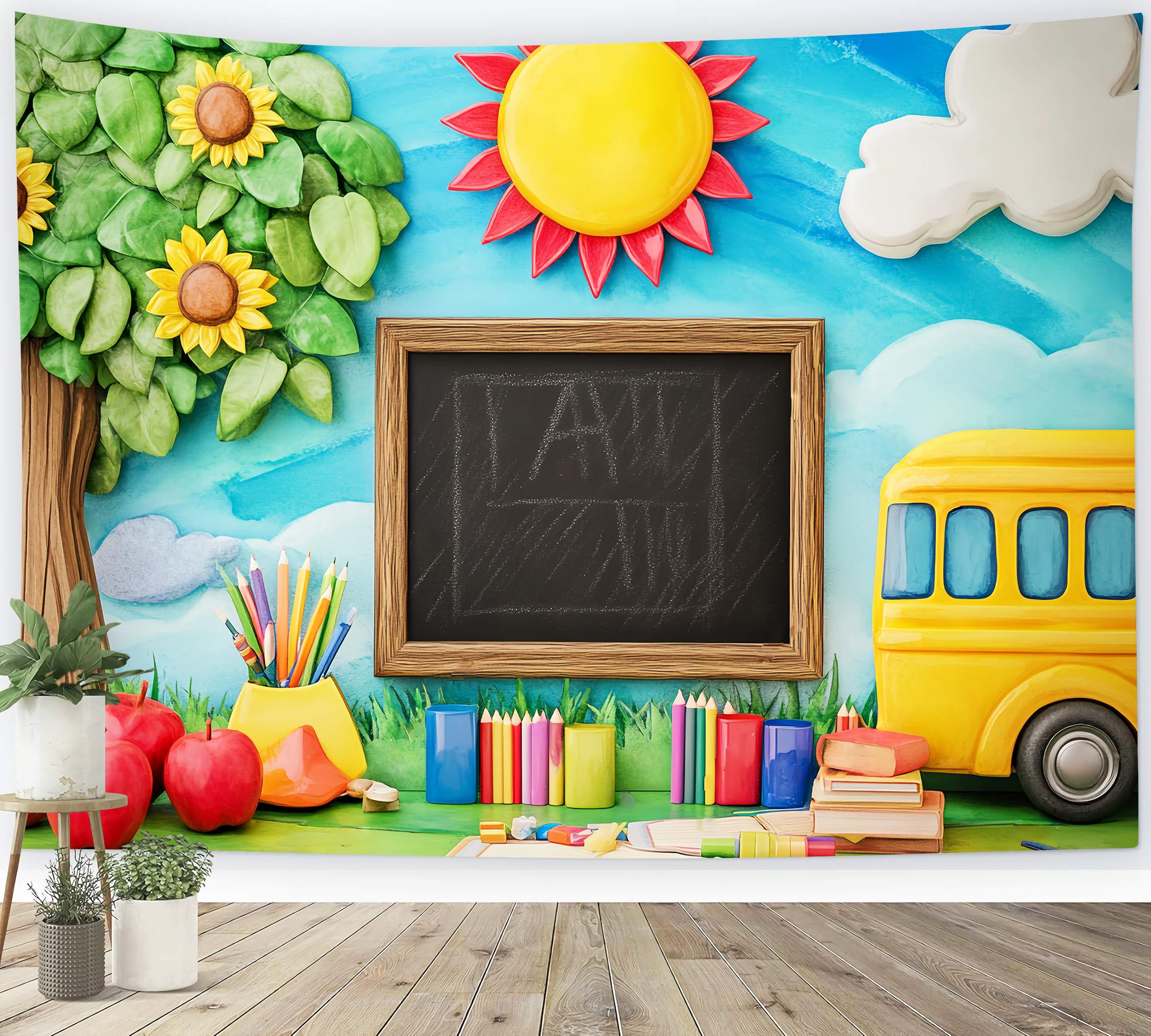 Preschool Backdrop Playful Blackboard Tree Bus Back To School Backdrop UK LXX58-121
