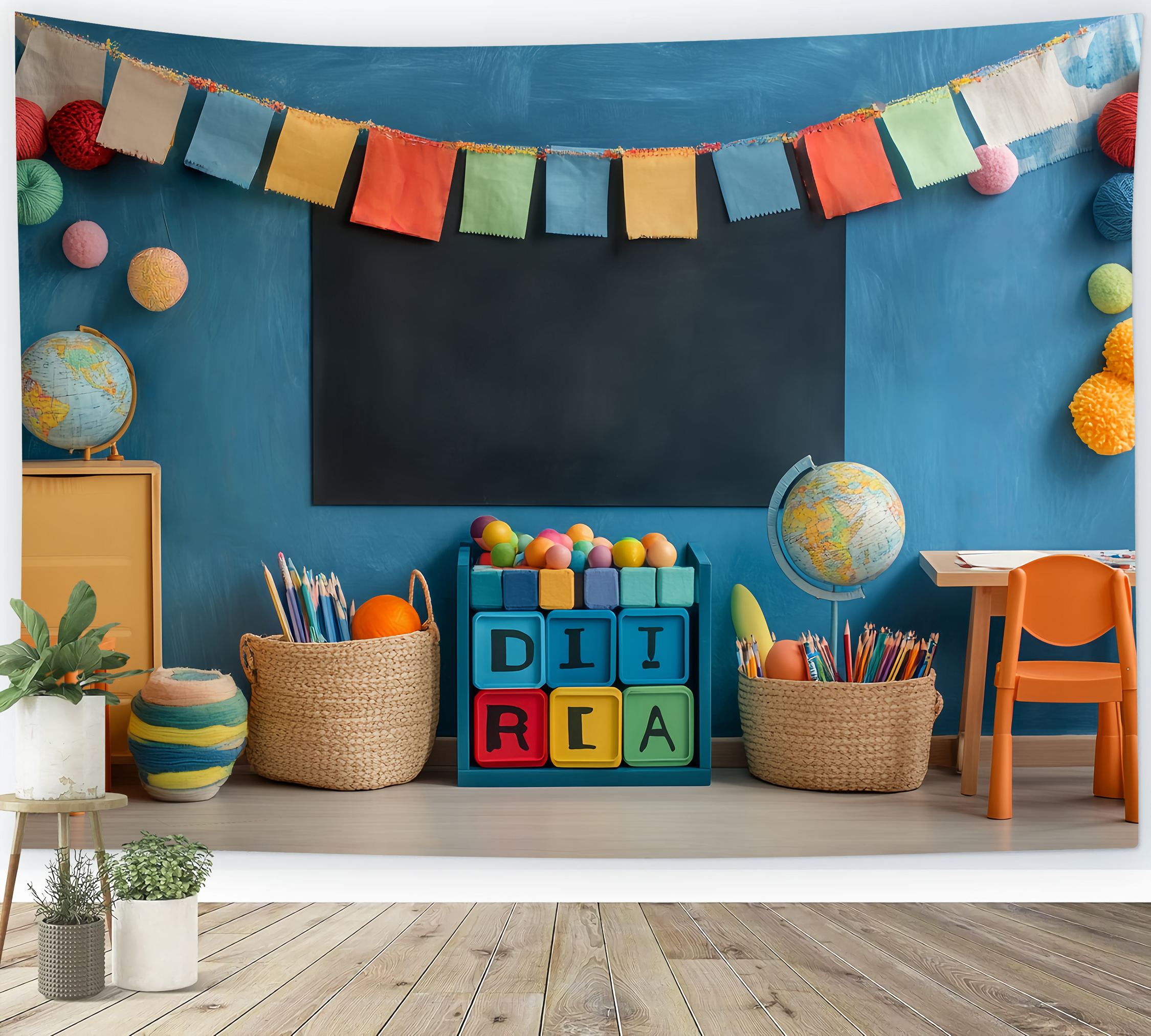School Classroom Backdrop Colorful Classroom Globes Baskets Stationery Back To School Photography Backdrops UK LXX58-124