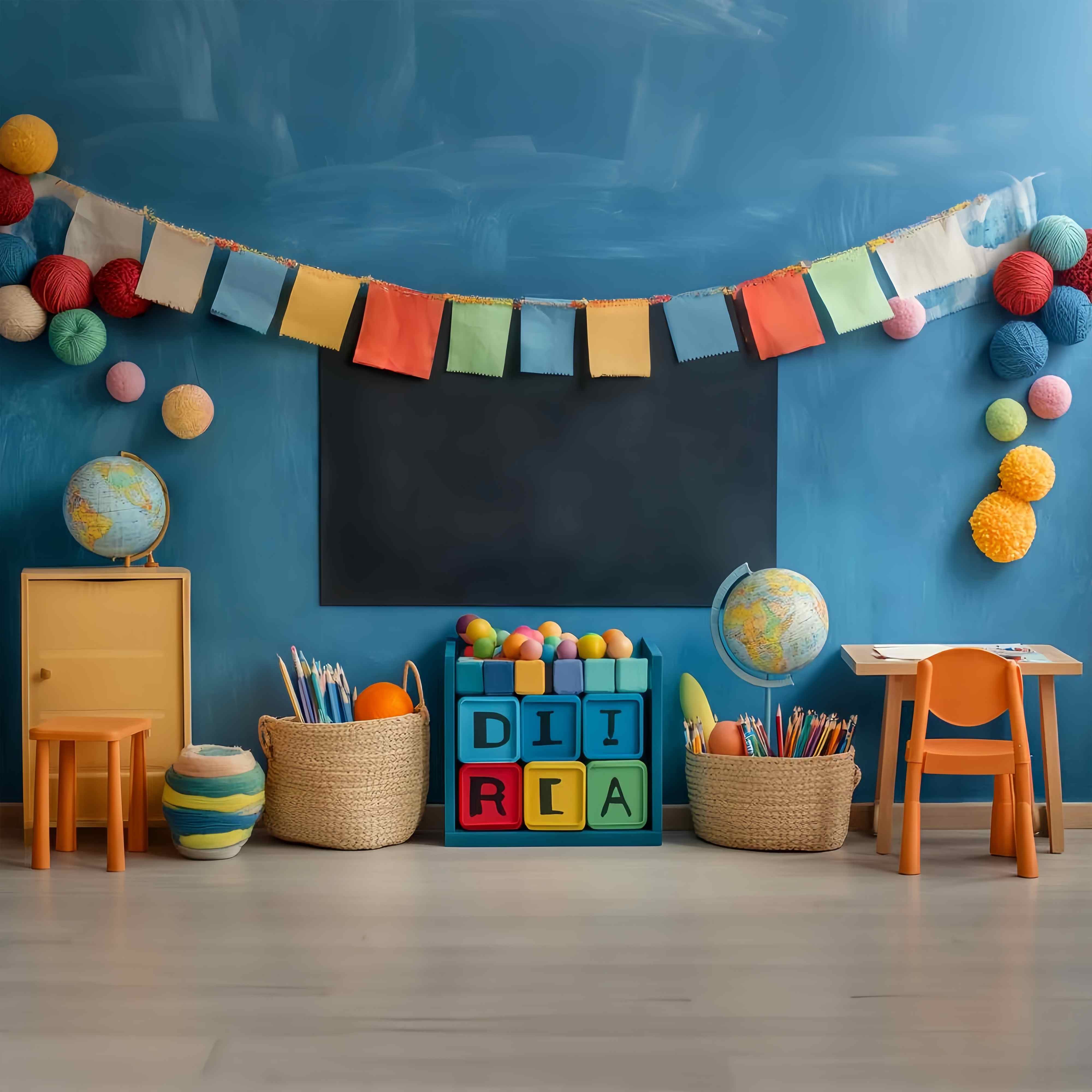 School Classroom Backdrop Colorful Classroom Globes Baskets Stationery Back To School Photography Backdrops UK LXX58-124
