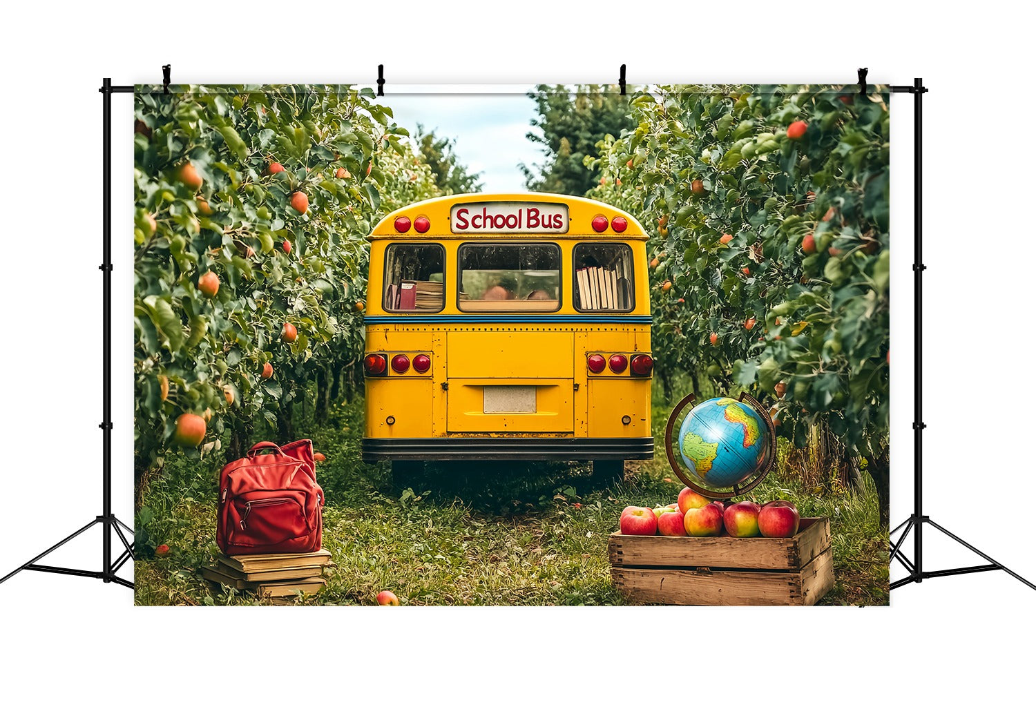 School Bus Backdrop Yellow School Bus Orchard Apples Globe Back To School Backdrop UK LXX58-126
