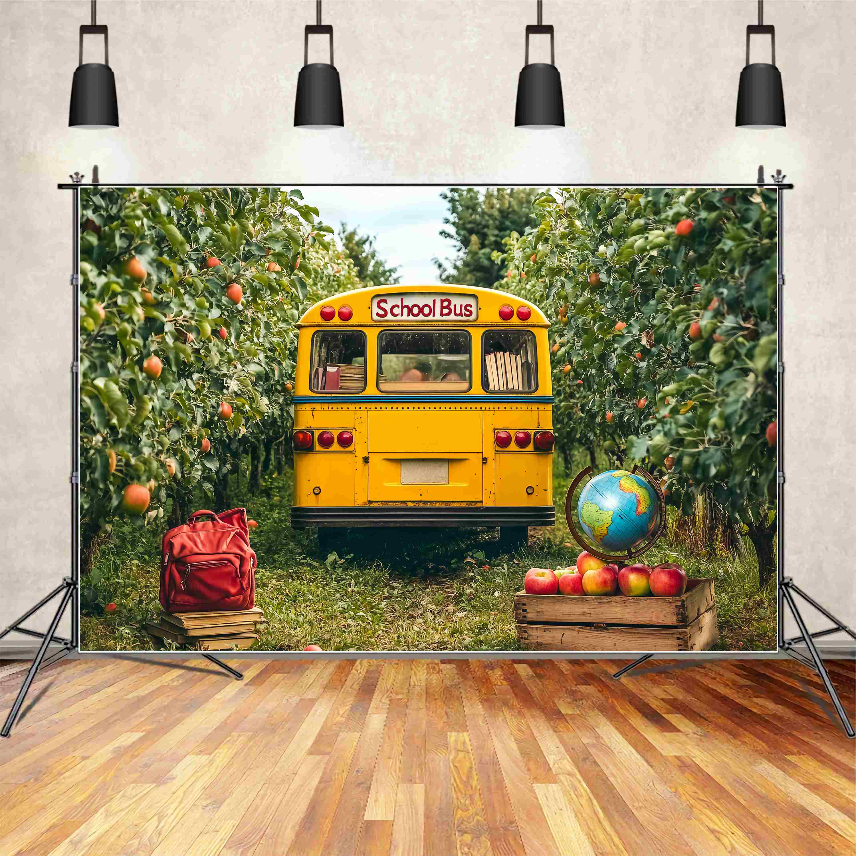 School Bus Backdrop Yellow School Bus Orchard Apples Globe Back To School Backdrop UK LXX58-126