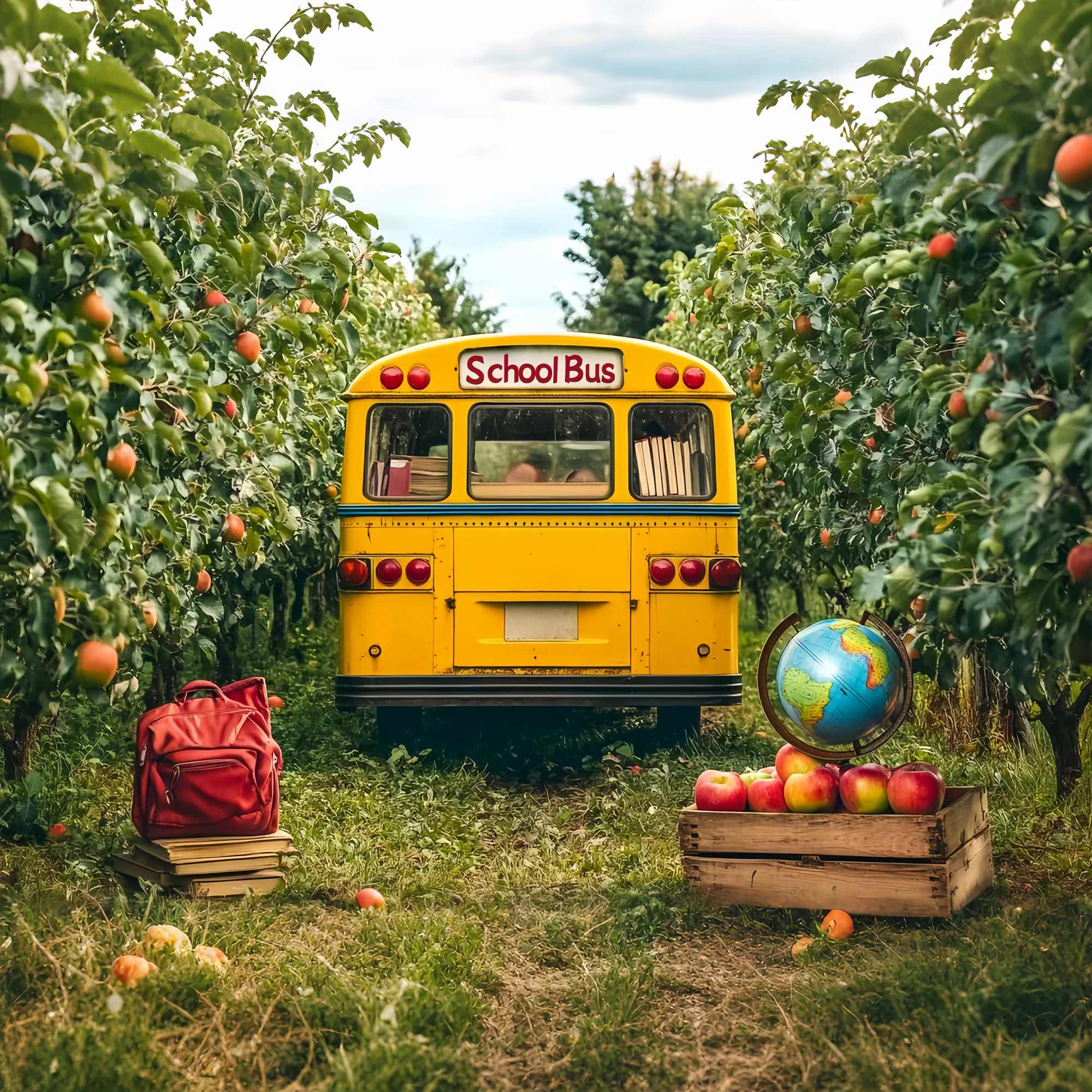 School Bus Backdrop Yellow School Bus Orchard Apples Globe Back To School Backdrop UK LXX58-126