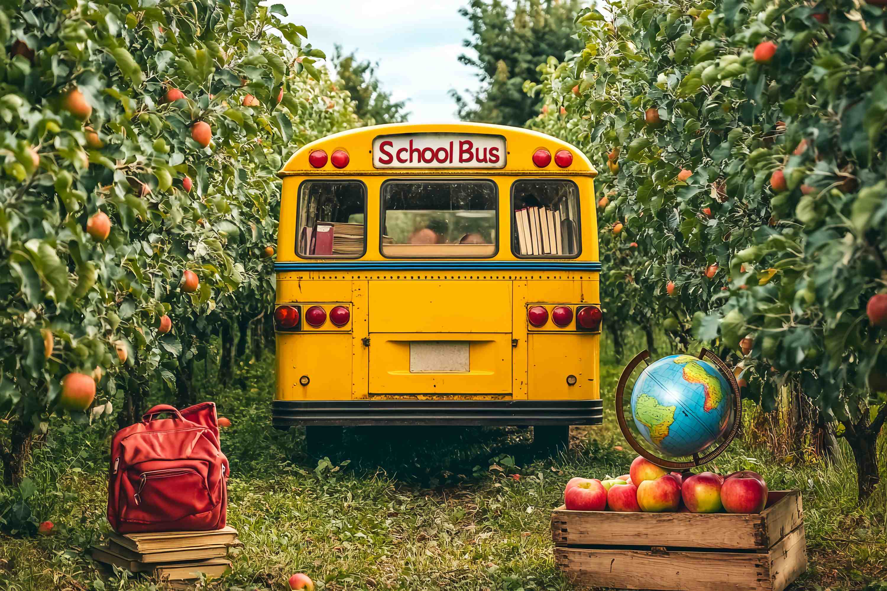 School Bus Backdrop Yellow School Bus Orchard Apples Globe Back To School Backdrop UK LXX58-126