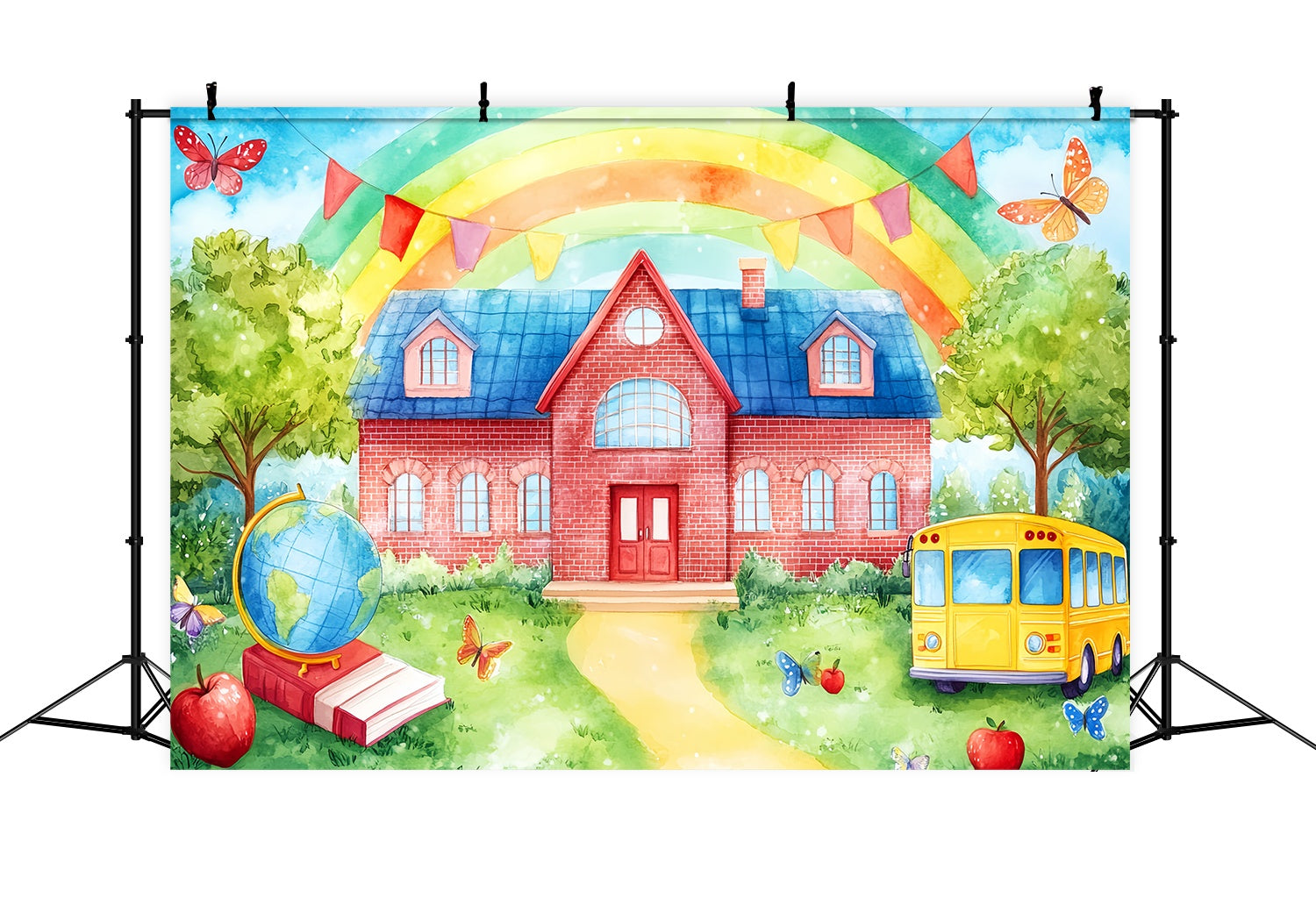 Preschool Photo Backdrops Rainbow Brick Schoolyard Bus Illustration Back To School Backdrop Ideas UK LXX58-127