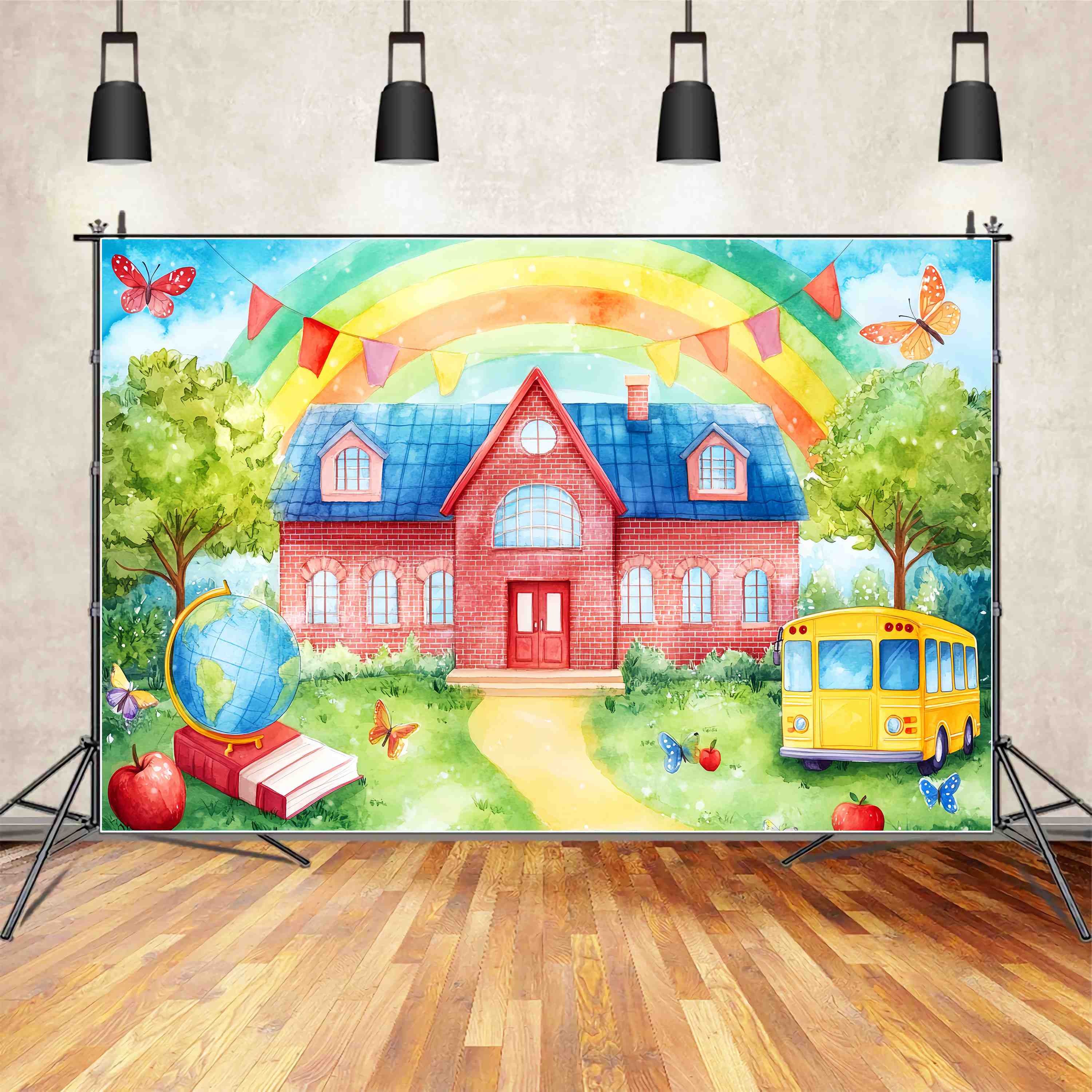 Preschool Photo Backdrops Rainbow Brick Schoolyard Bus Illustration Back To School Backdrop Ideas UK LXX58-127