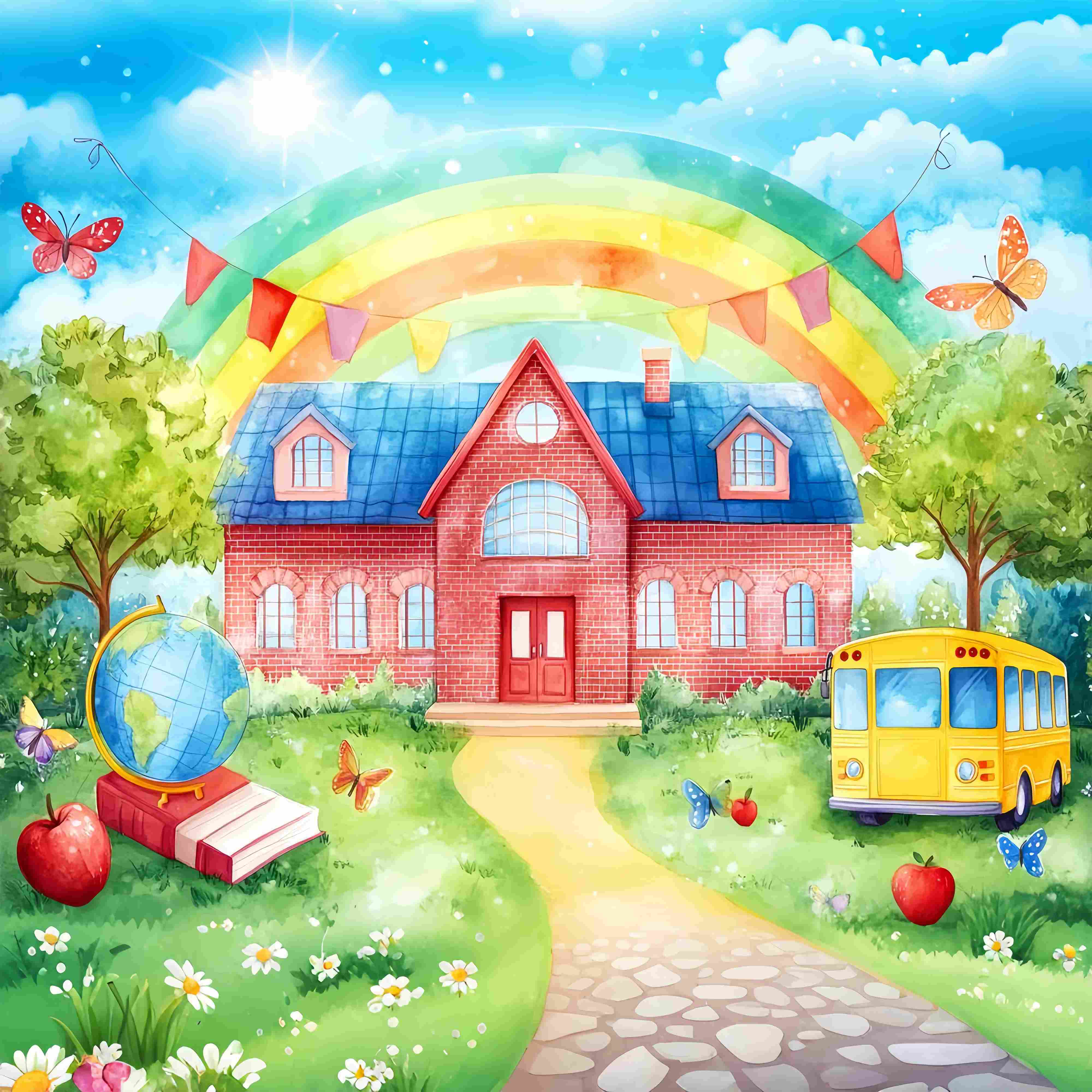 Preschool Photo Backdrops Rainbow Brick Schoolyard Bus Illustration Back To School Backdrop Ideas UK LXX58-127