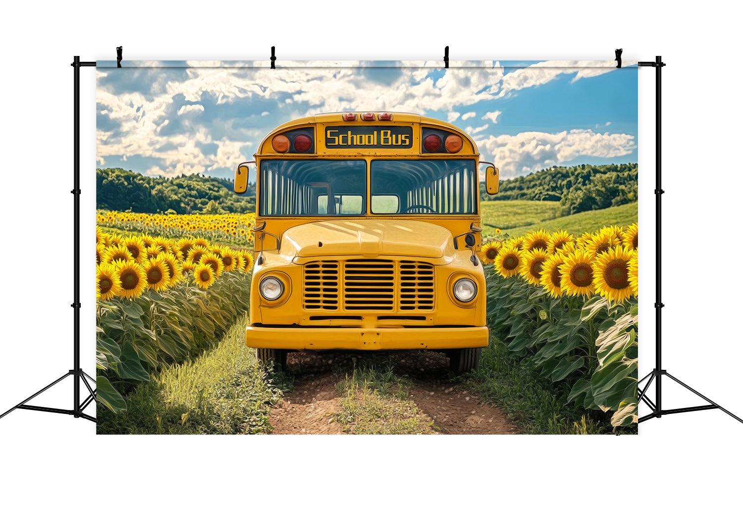 School Bus Backdrop Sunflower Field Vintage School Bus School Picture Backdrop UK LXX58-128