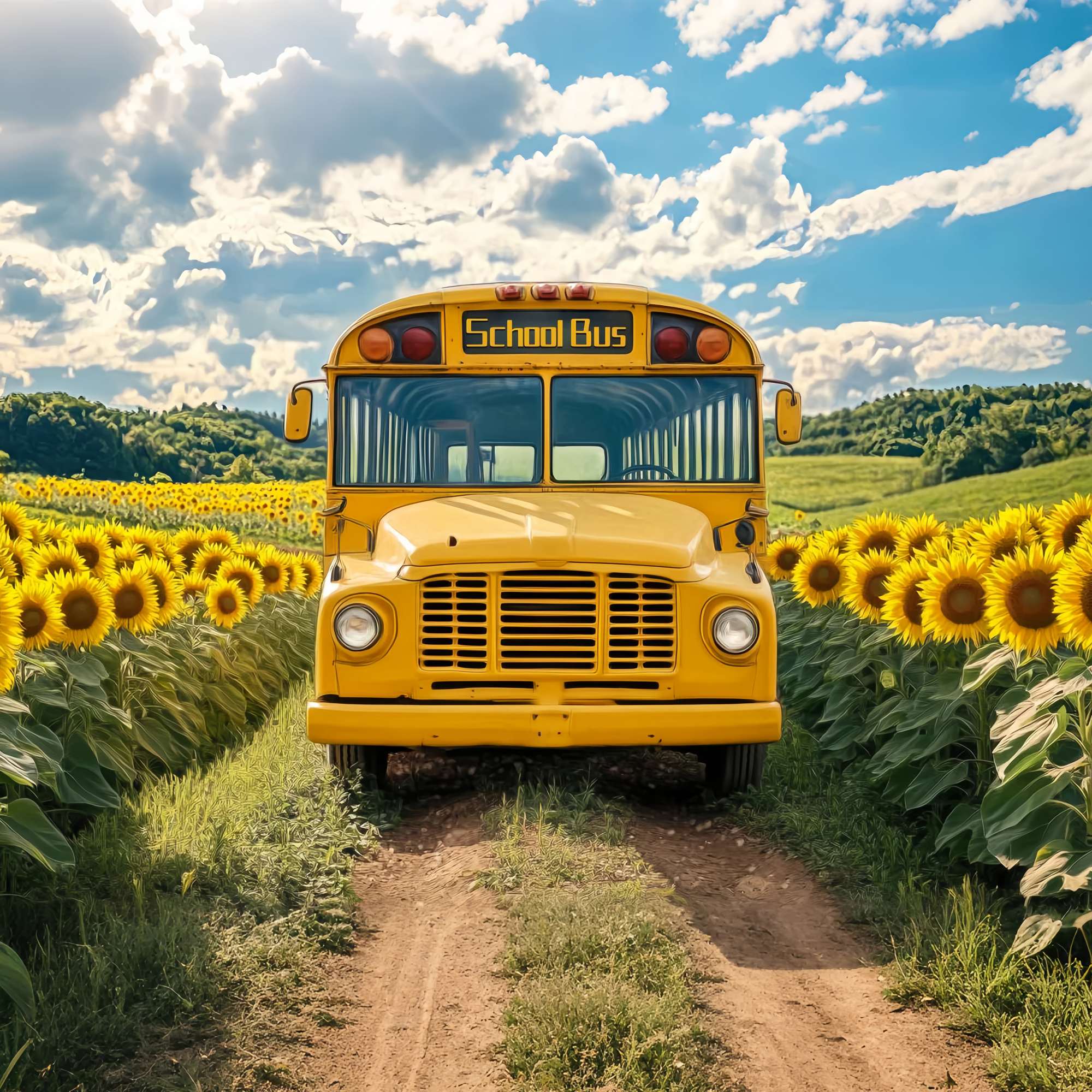School Bus Backdrop Sunflower Field Vintage School Bus School Picture Backdrop UK LXX58-128