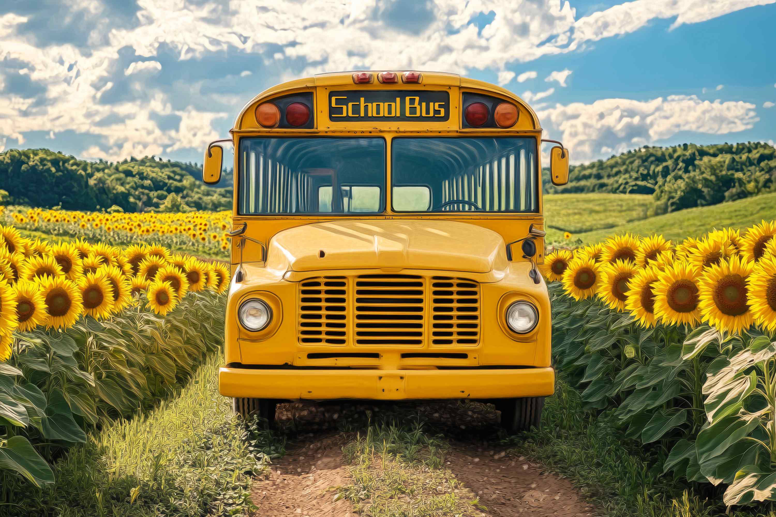 School Bus Backdrop Sunflower Field Vintage School Bus School Picture Backdrop UK LXX58-128