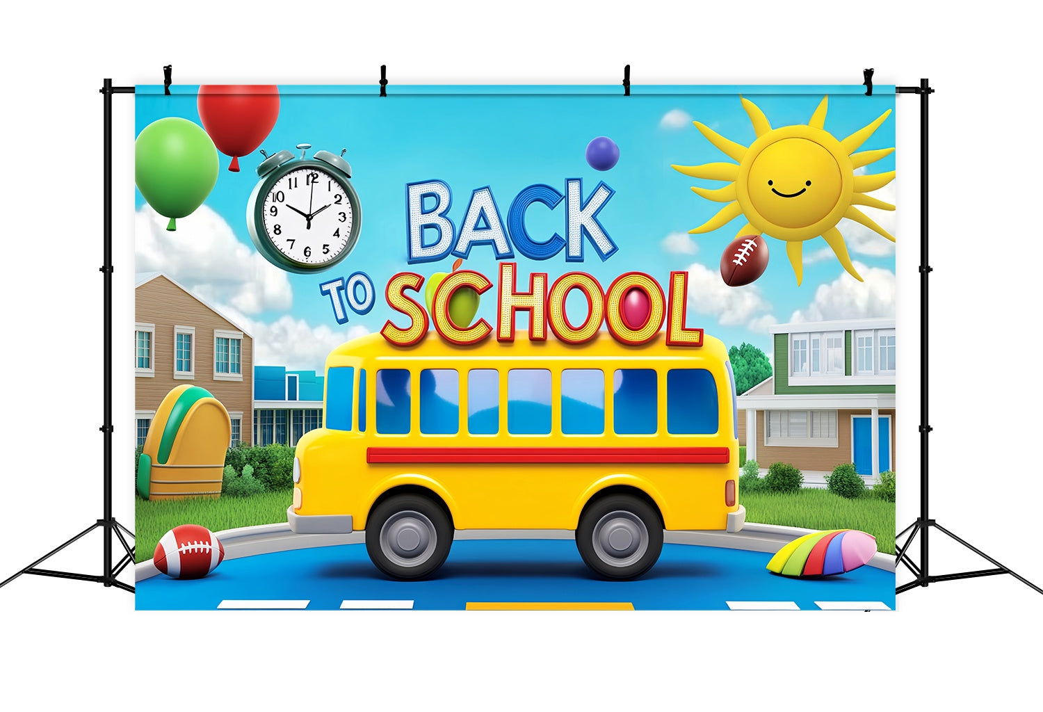 School Bus Backdrop Playful Cartoon School Bus Yard Back To School Photo Backdrop UK LXX58-129
