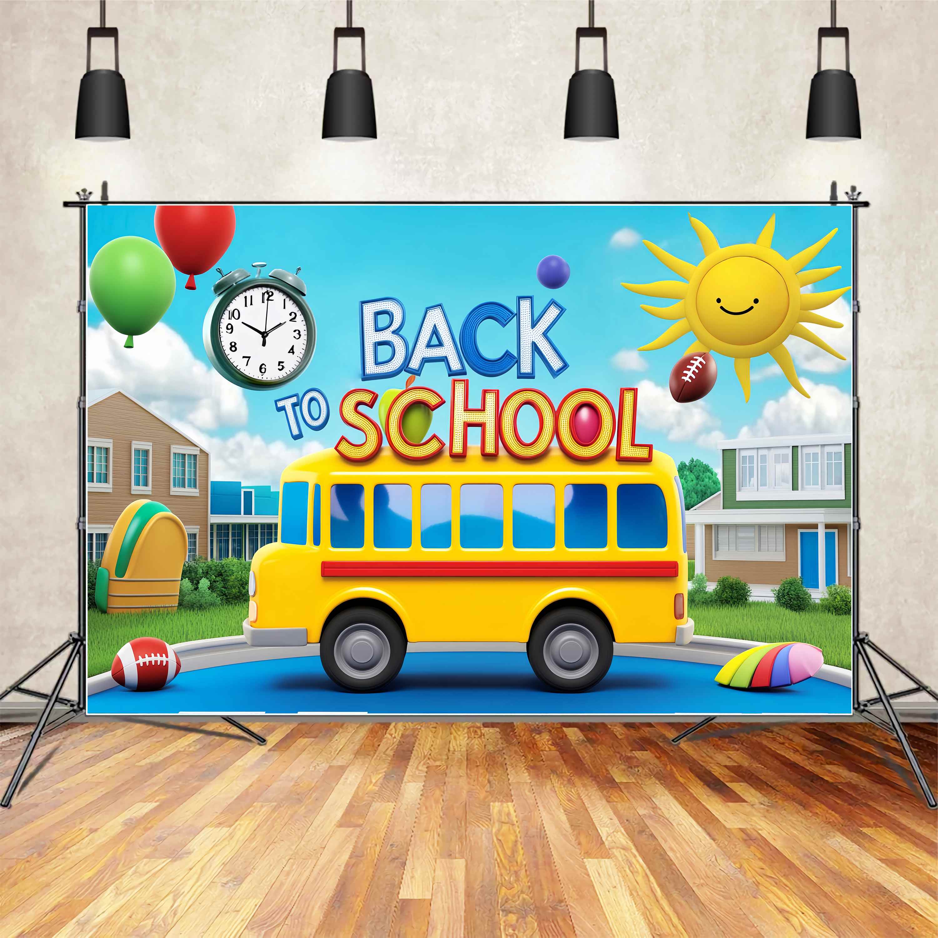 School Bus Backdrop Playful Cartoon School Bus Yard Back To School Photo Backdrop UK LXX58-129