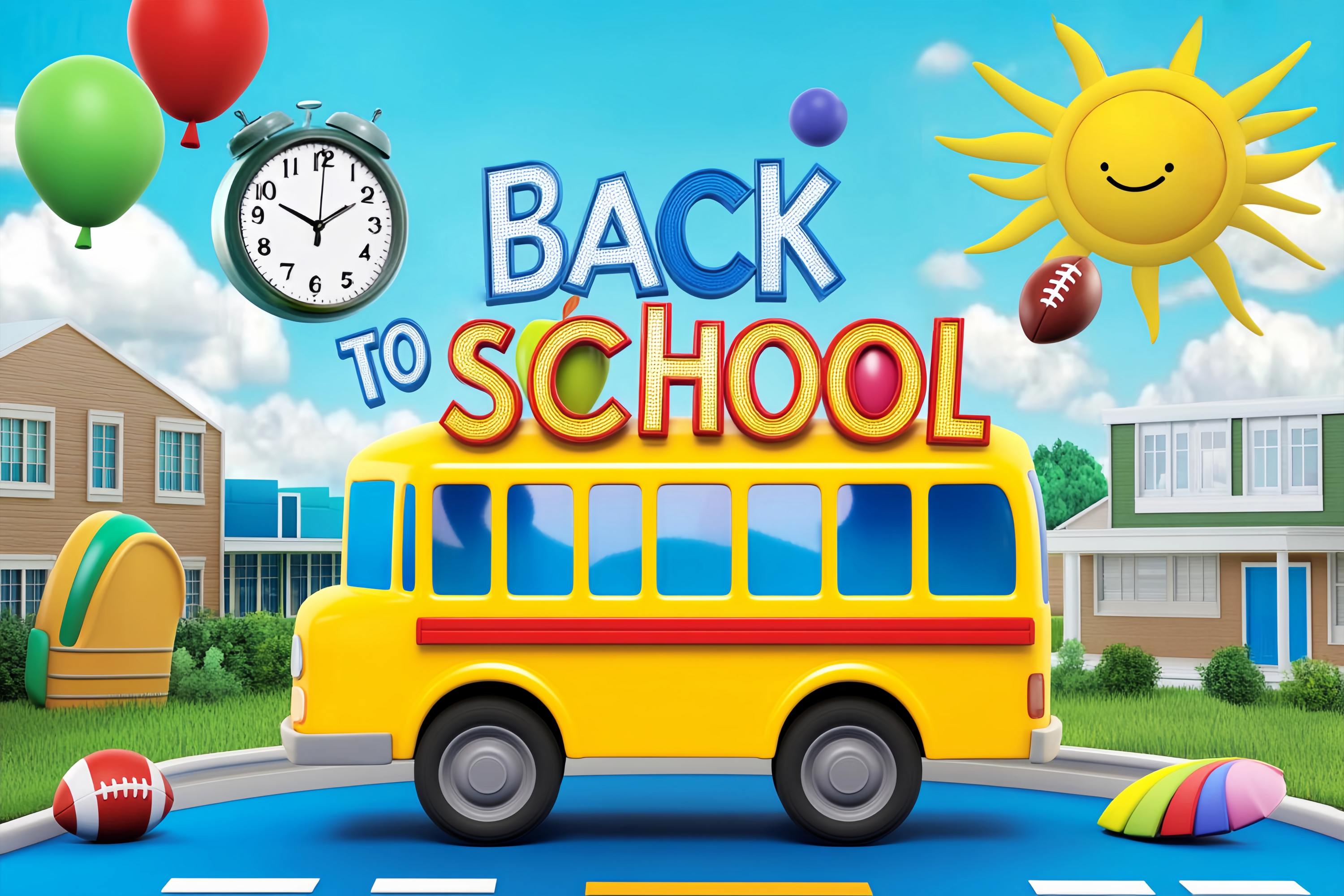 School Bus Backdrop Playful Cartoon School Bus Yard Back To School Photo Backdrop UK LXX58-129