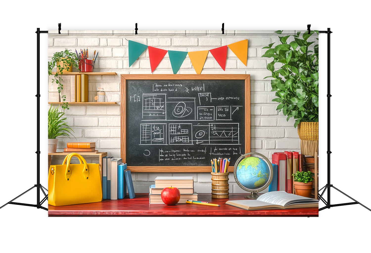 Back To School Chalkboard Backdrop Classroom Blackboard Books Globe Potted Plants Back To School Photo Backdrop UK LXX58-133