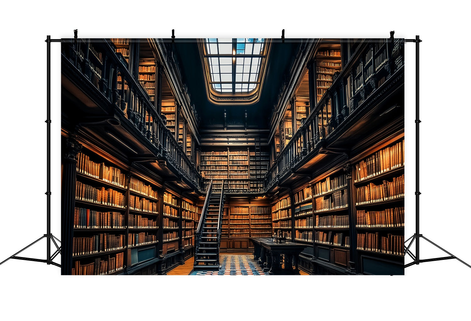 School Hallway Backdrop Grand Library Wooden Bookshelves Ladder Back To School Photography Backdrops UK LXX58-135