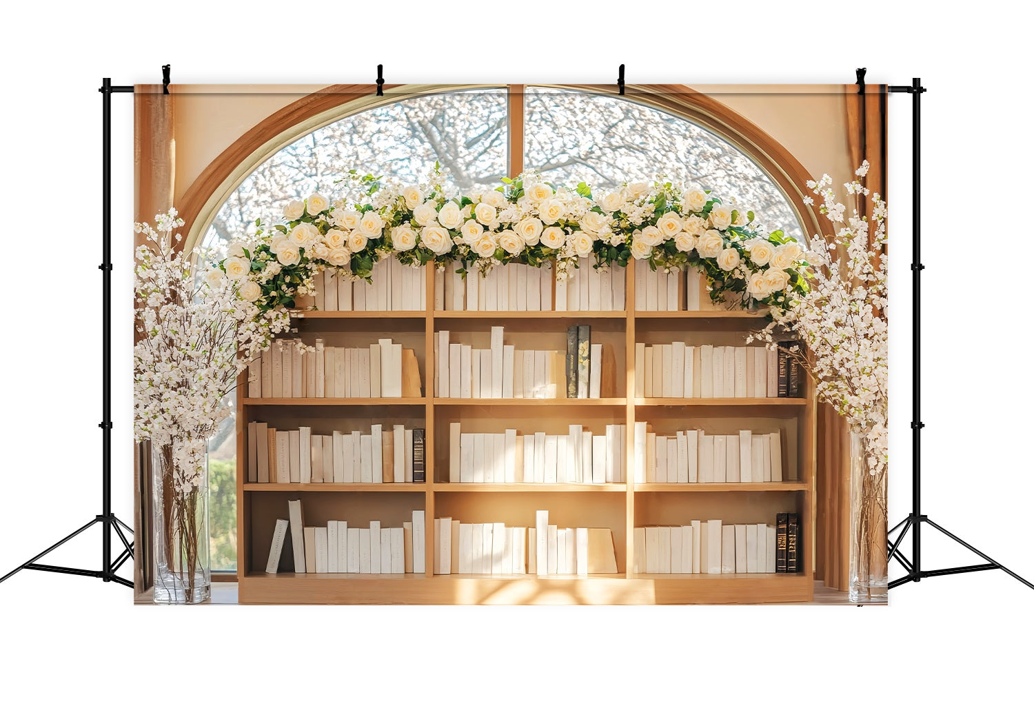 Back To School Backdrops Elegant Bookshelf White Roses Arrangement Bookshelf Backdrop UK LXX58-137
