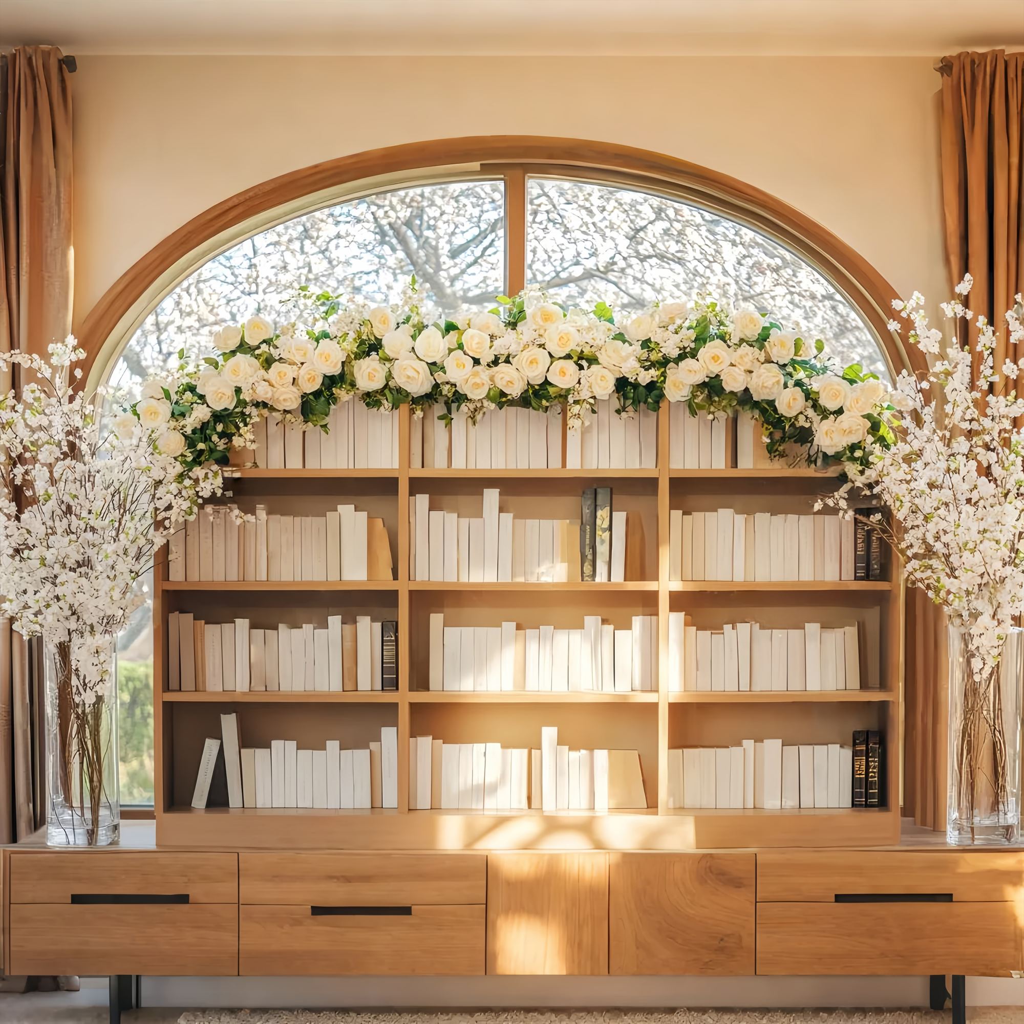 Back To School Backdrops Elegant Bookshelf White Roses Arrangement Bookshelf Backdrop UK LXX58-137